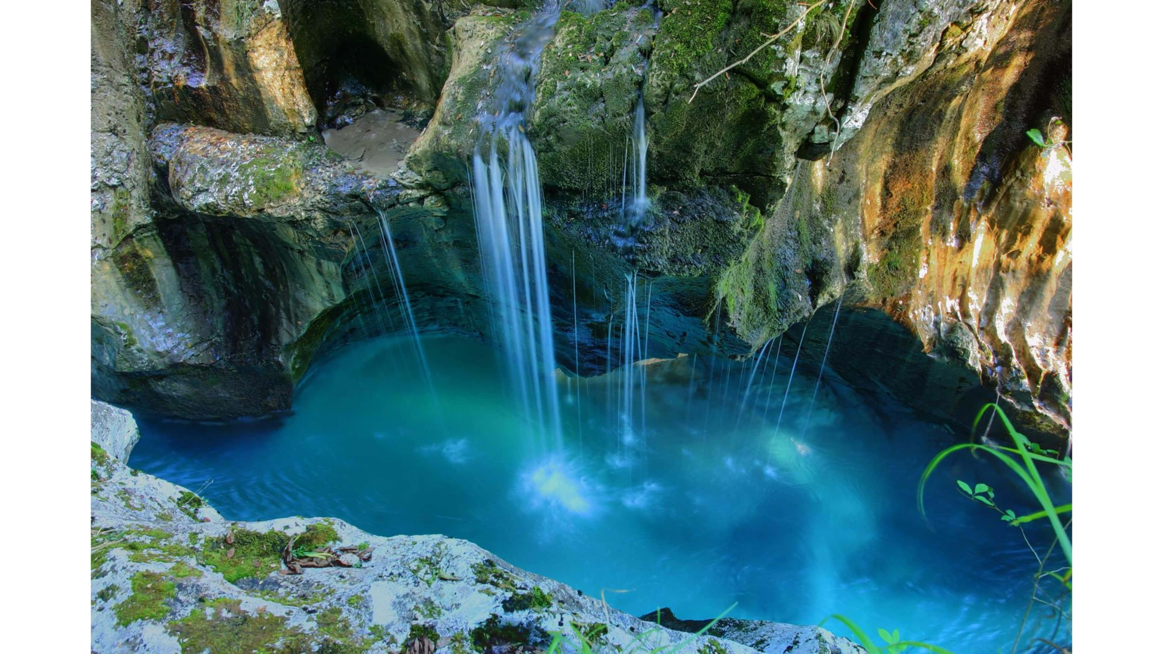 4K Waterfall, turquoise pool, rocky cave, 4K Desktop Wallpaper