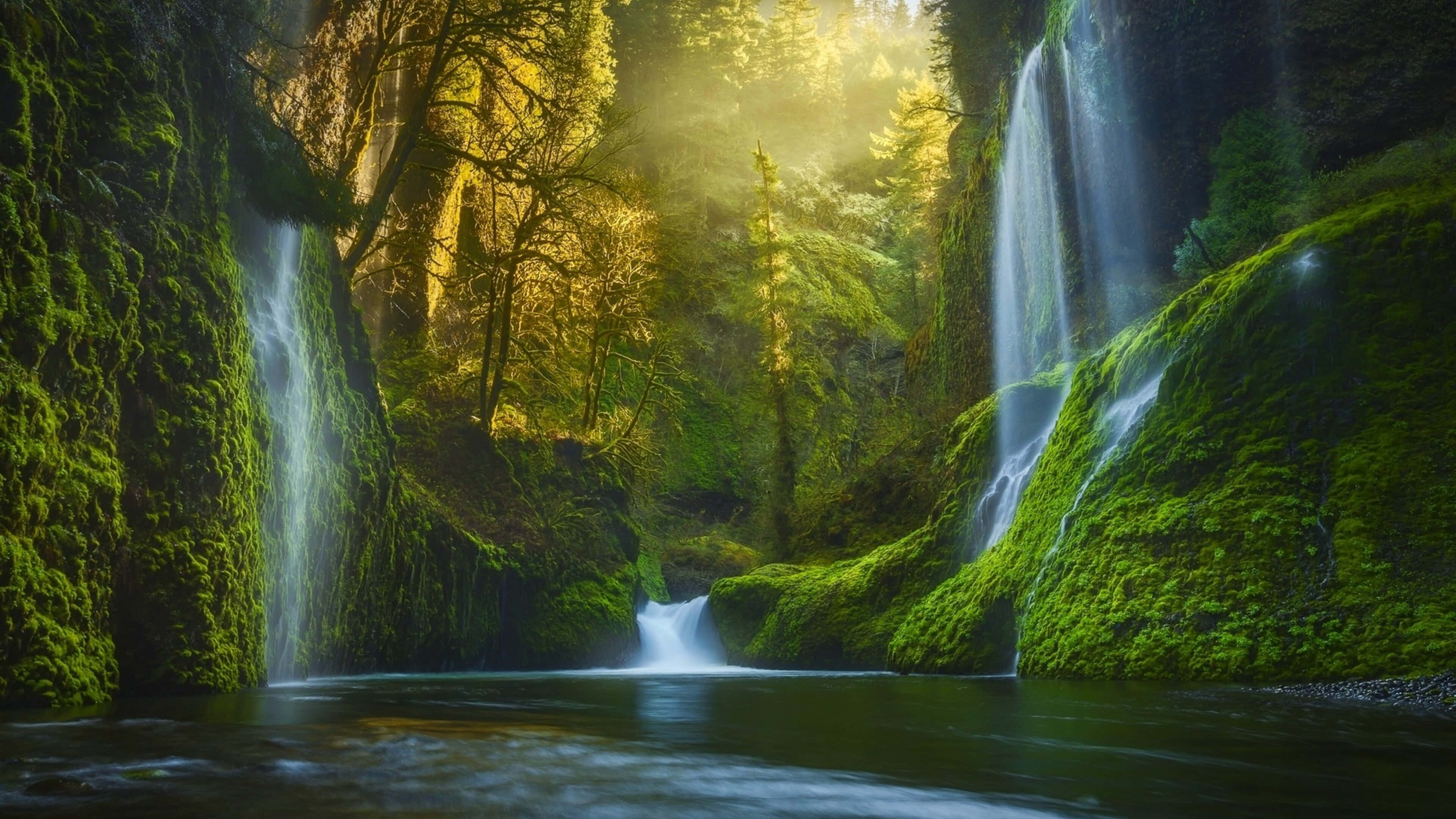 4K Waterfall, crystal clear, sunlight beams, 4K Desktop Wallpaper