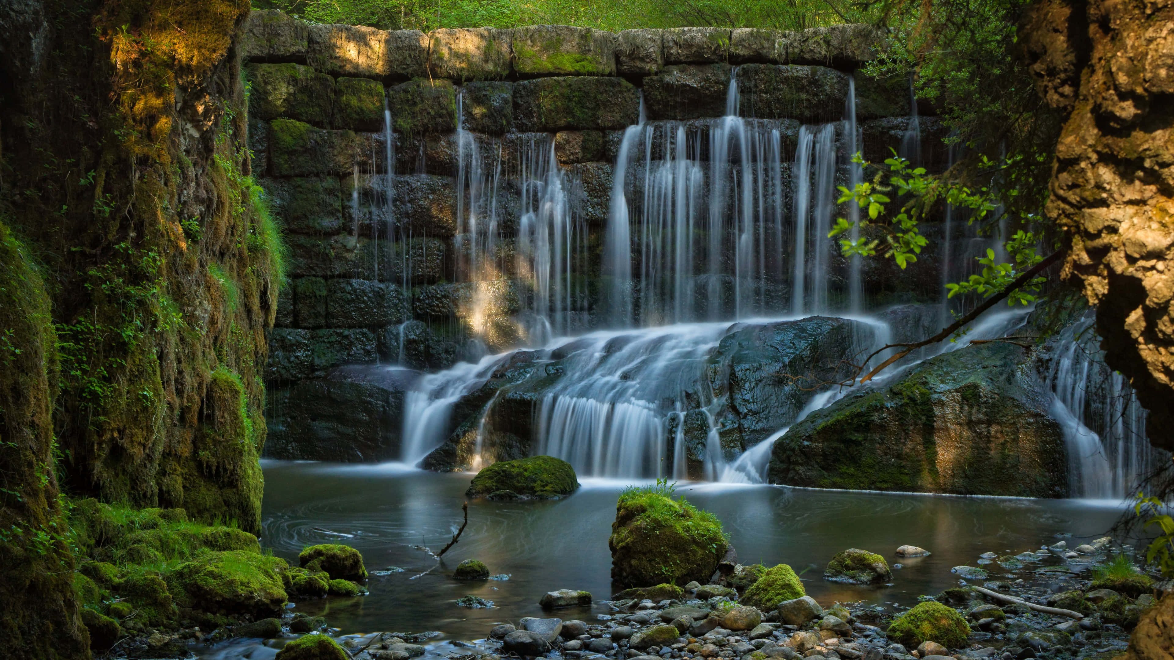 4K Waterfall, mossy stone tiers, calm pool, 4K Desktop Wallpaper