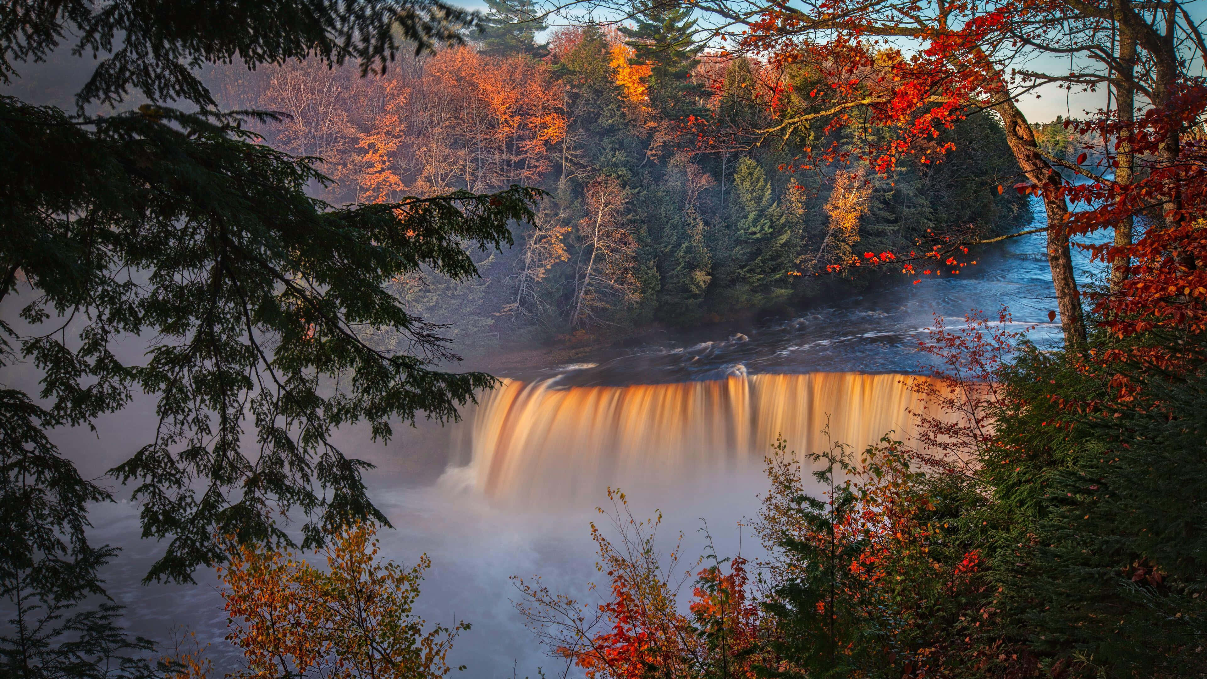 4k Waterfall, misty autumn waterfall, vibrant red orange and green foliage, 4K Desktop Wallpaper