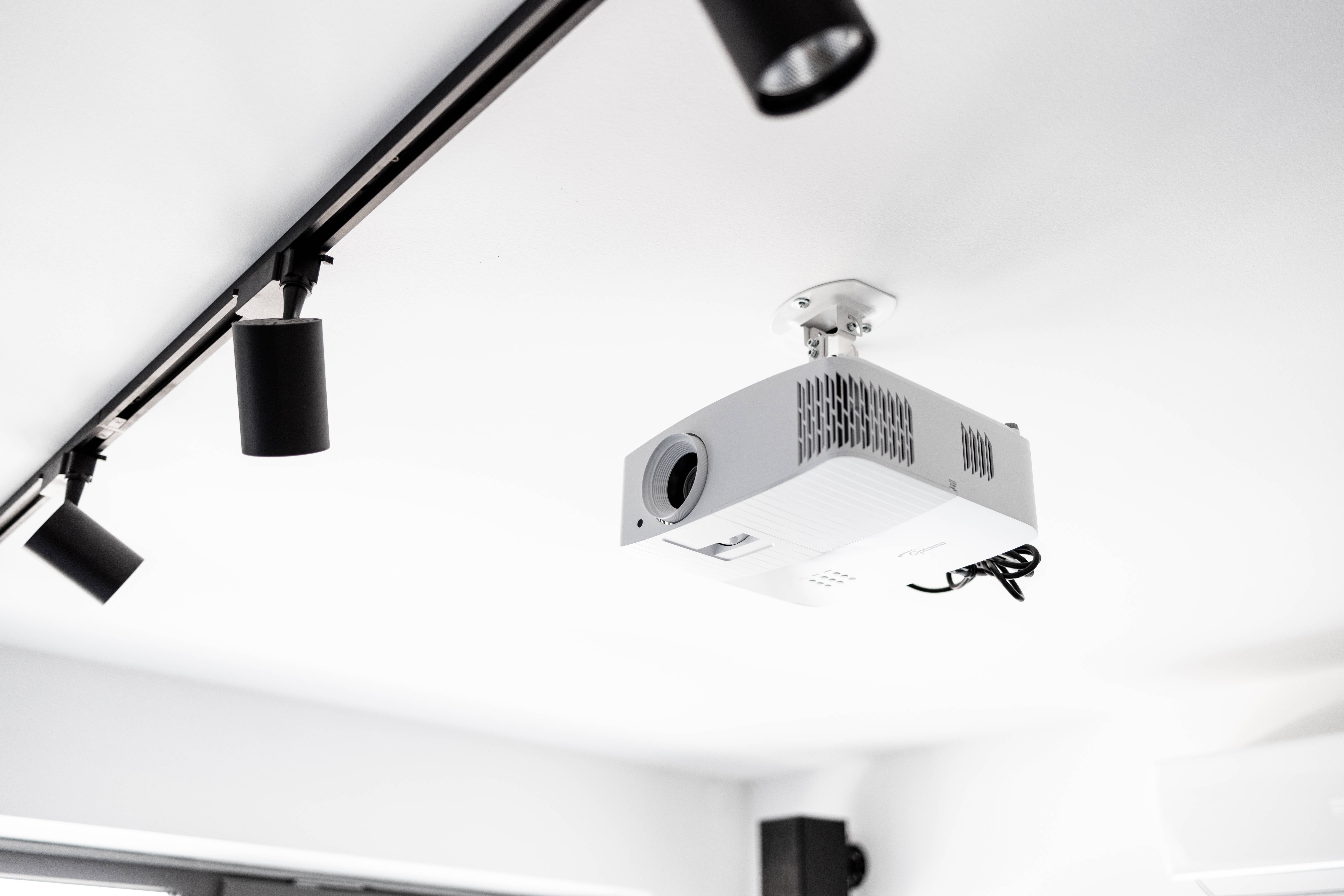 4K White Projector, ceiling-mounted projector, modern black track lighting, 5K Desktop Wallpaper