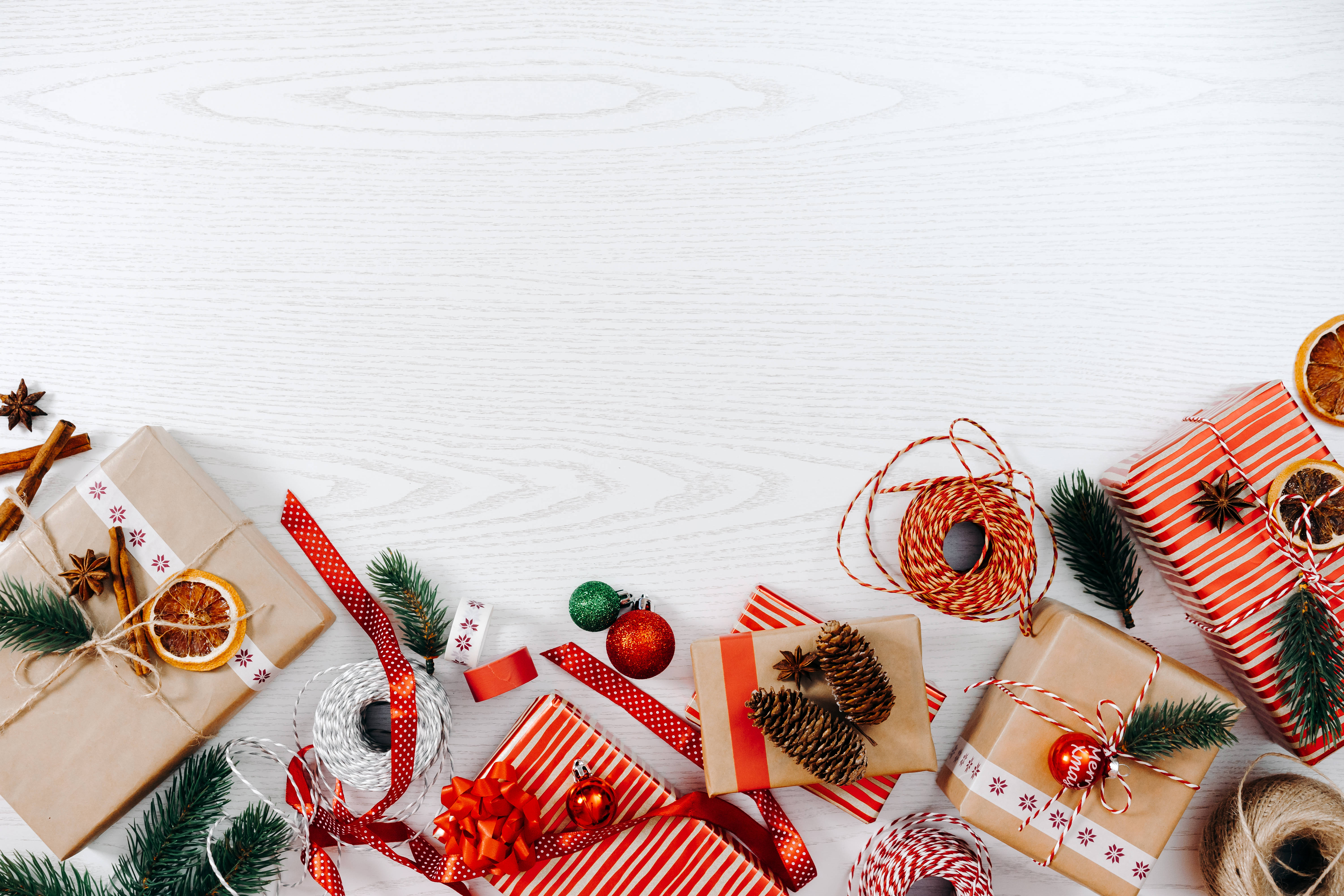 4K White, Christmas presents, brown paper, 5K Desktop Wallpaper