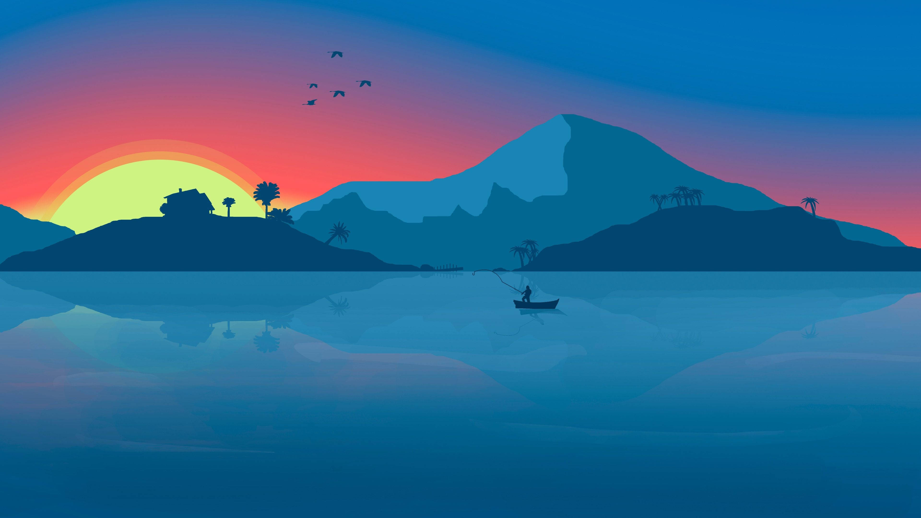 minimalist mountains, calm lake, sunset, 4K Desktop Wallpaper