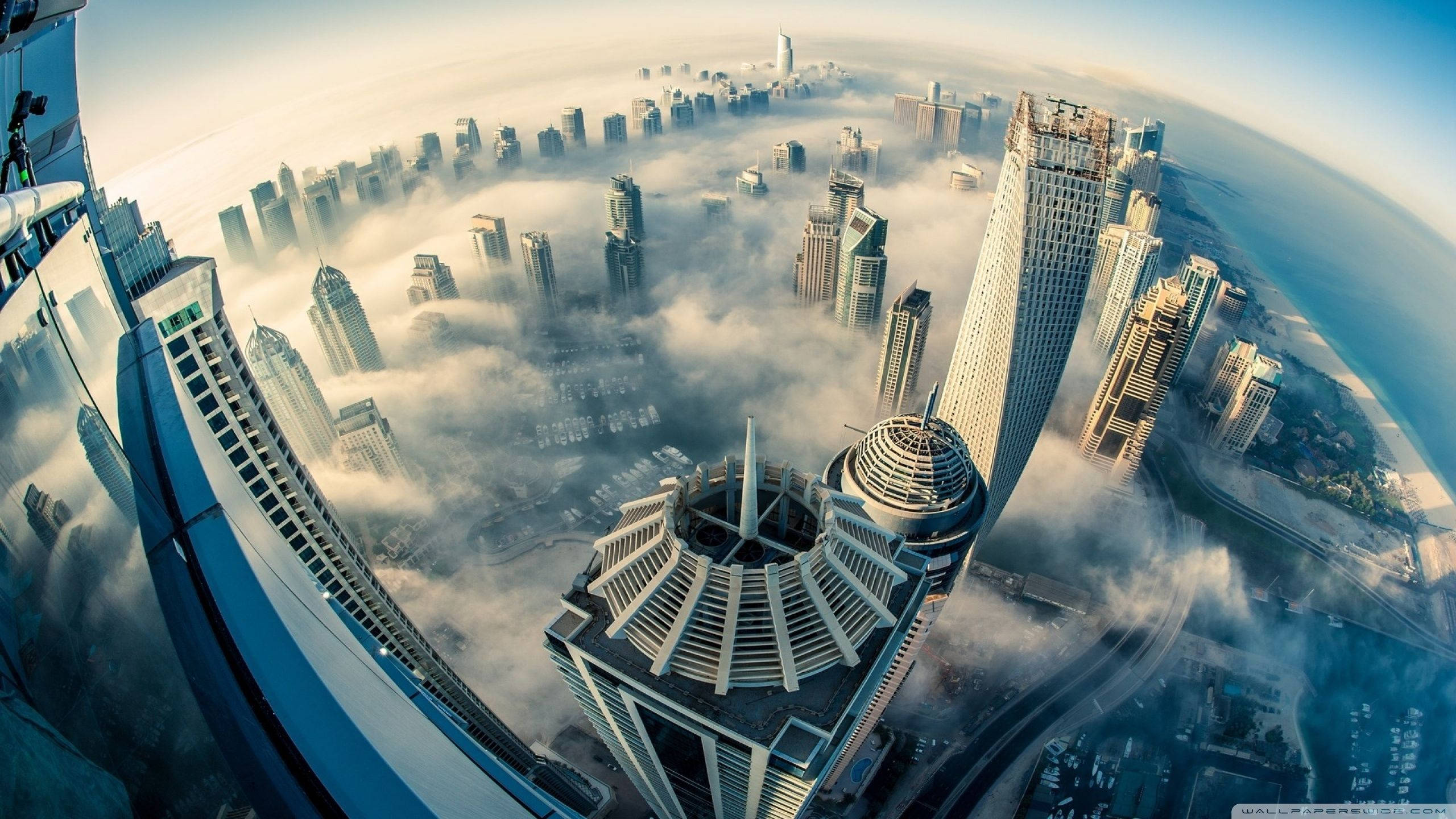 fisheye view, futuristic cityscape, towering skyscrapers, 2K Desktop Wallpaper