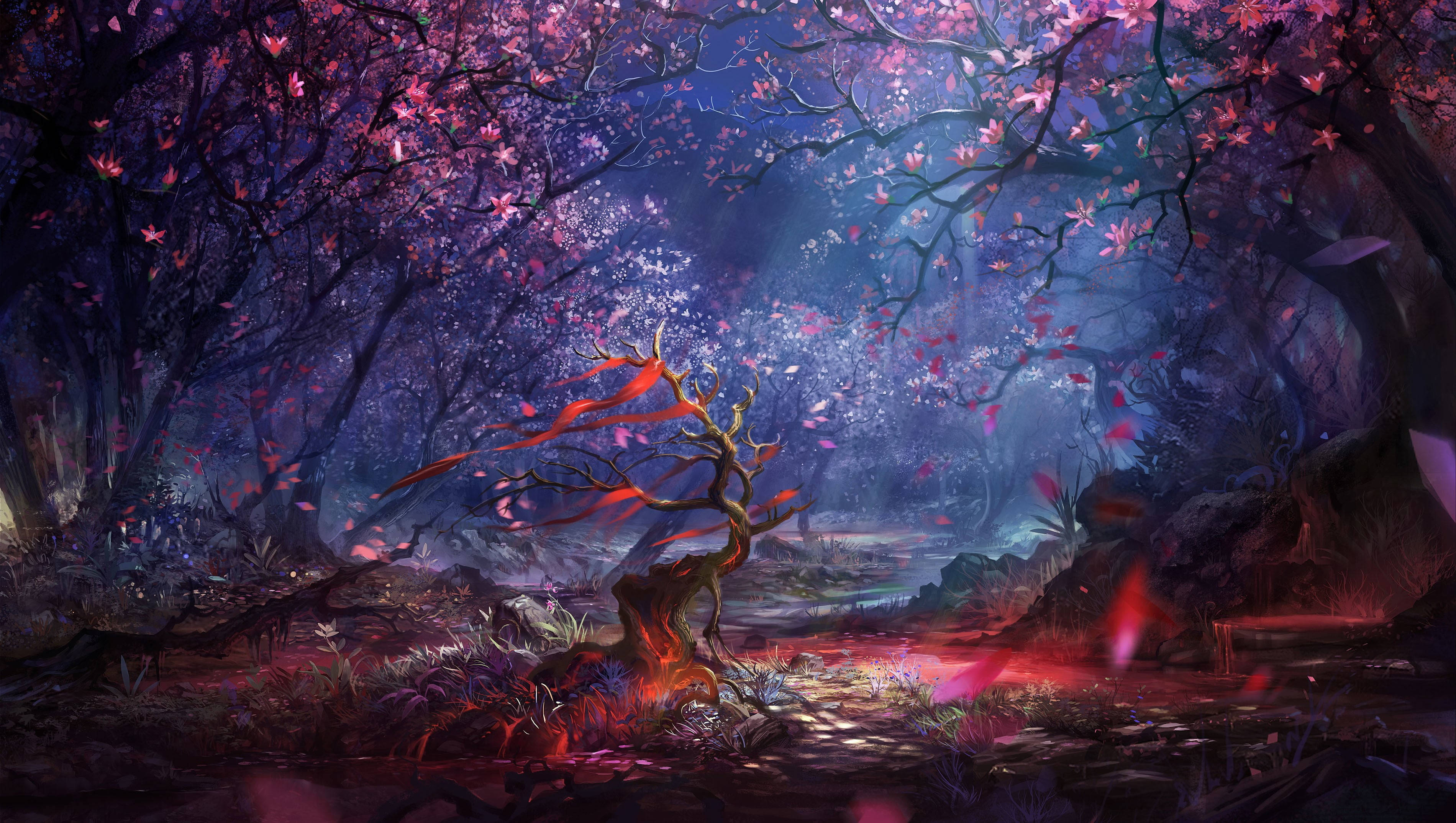 4K, moving fantasy forest desktop, twilight, 2K Desktop Wallpaper