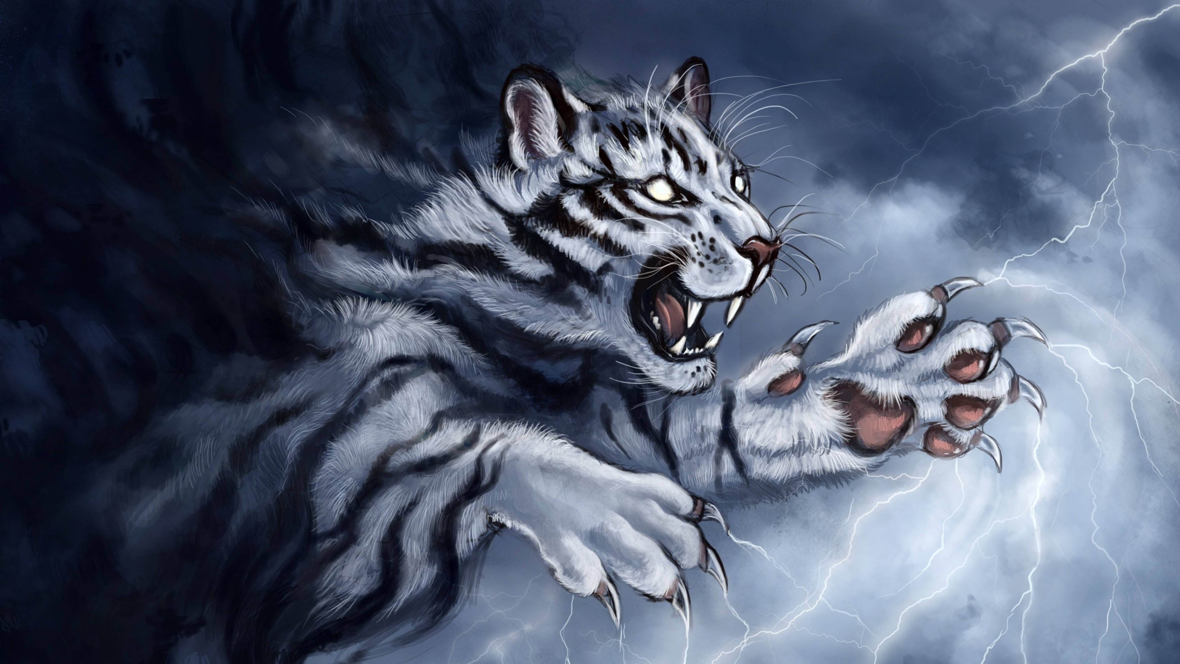 white tiger, stormy sky, lightning, 4K Desktop Wallpaper