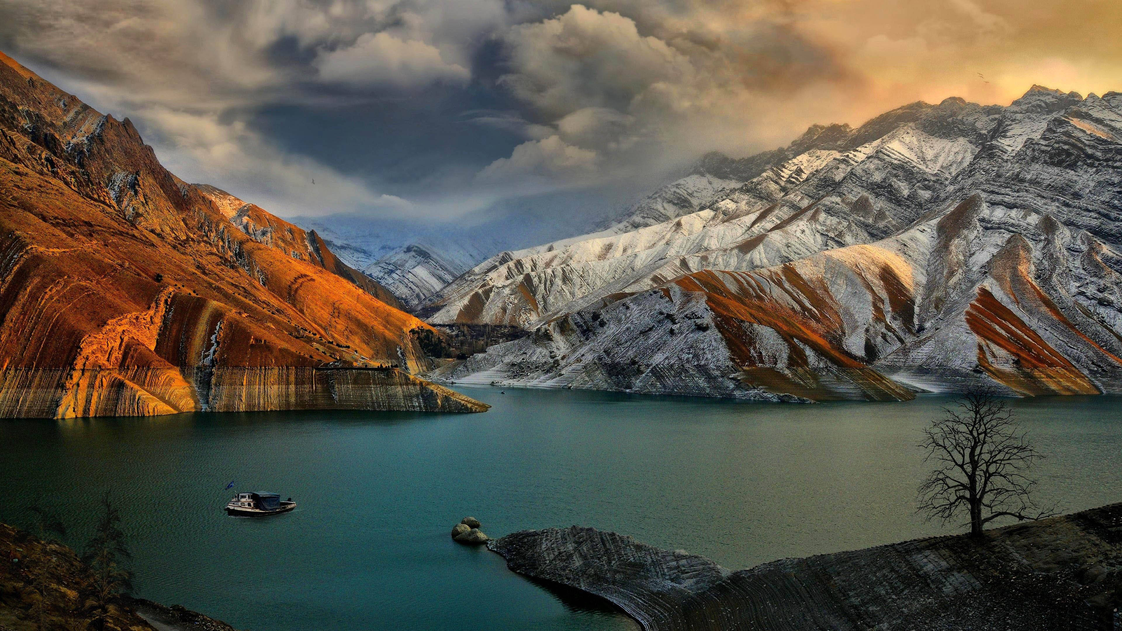 mountain ranges, sunset, turquoise lake, 4K Desktop Wallpaper