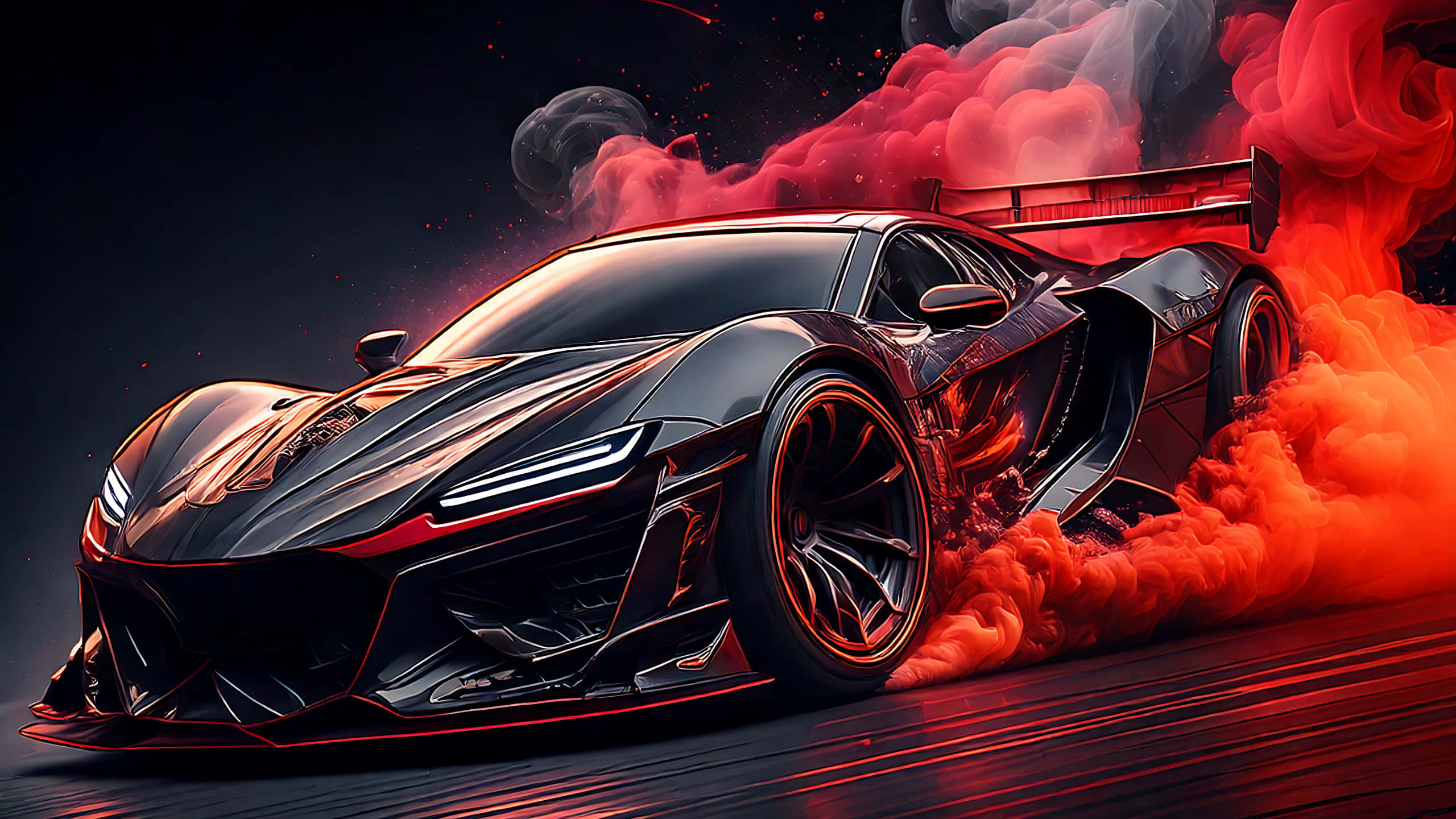 supercar burnout 03, black sports car, glowing red accents, 2K Desktop Wallpaper