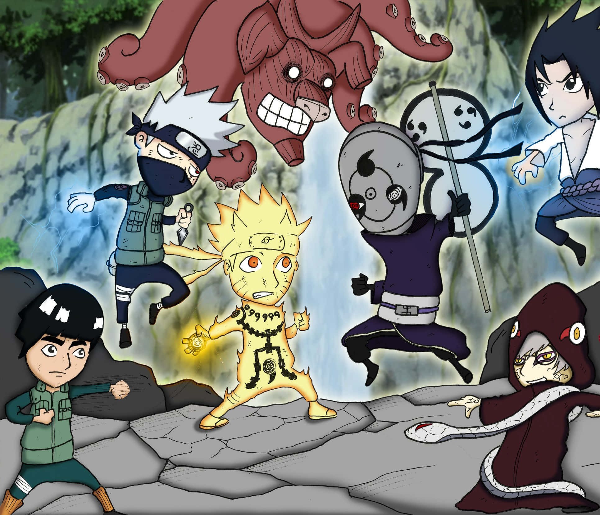 4th Great Ninja War, anime characters, giant monsters, Full HD Desktop Wallpaper