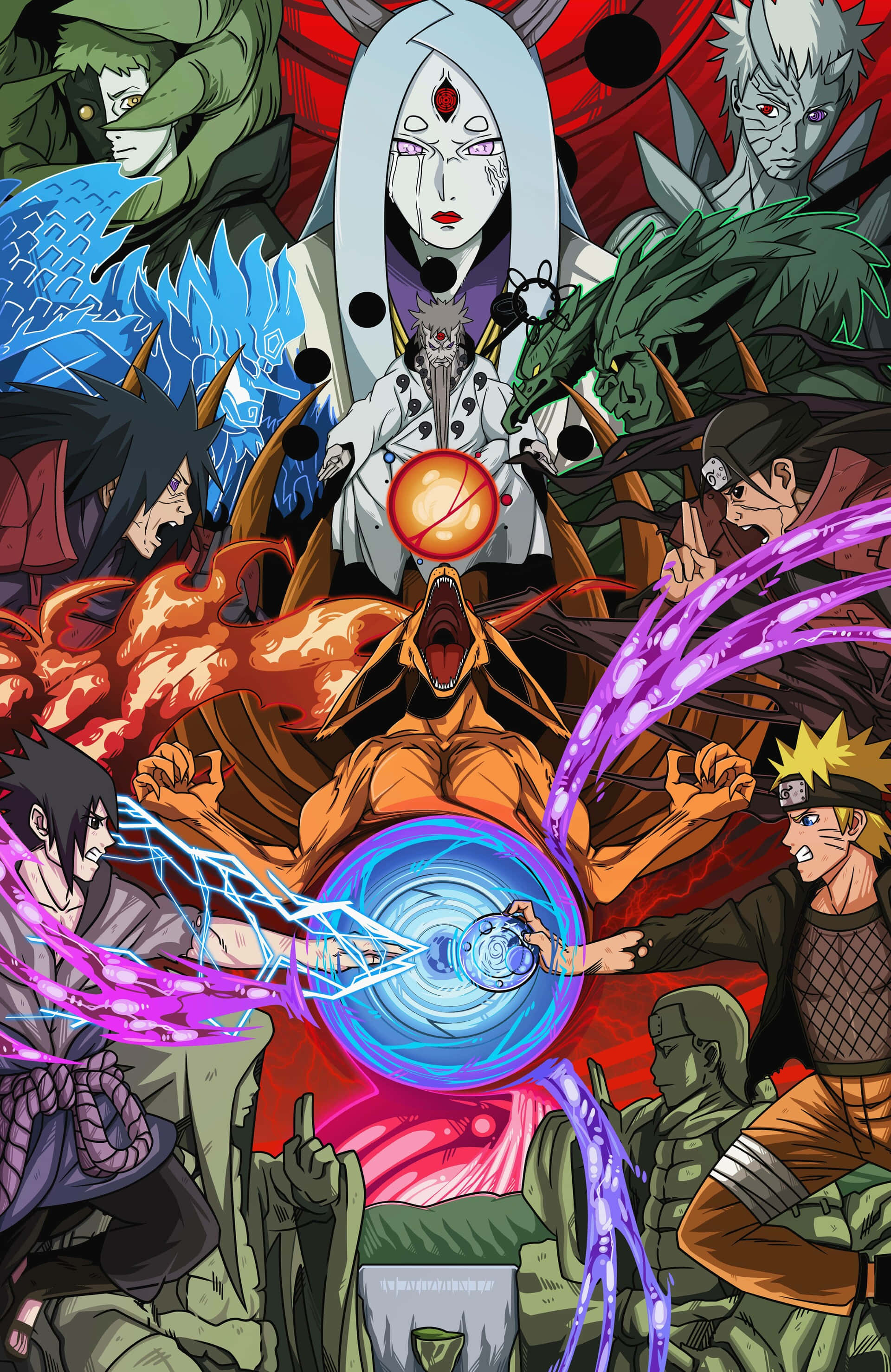 4th Great Ninja War, anime characters, chakra attacks, 2K Phone Wallpaper