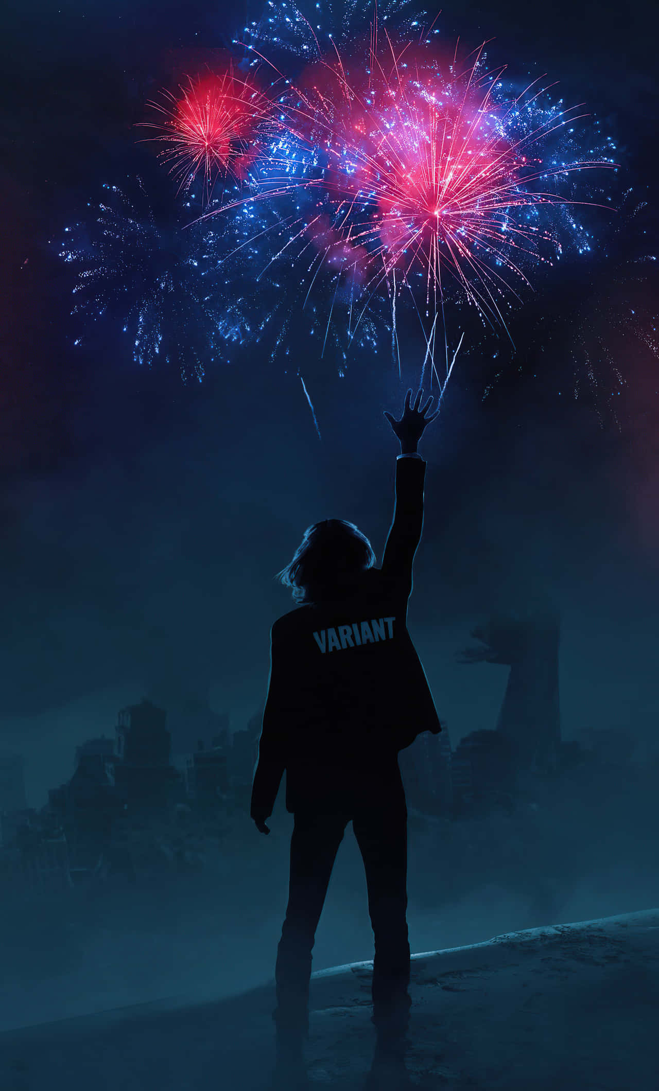 VARIANT jacket, red and blue fireworks, misty city skyline, Full HD Phone Wallpaper