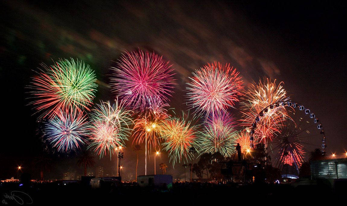 4th Of July, fireworks, nighttime amusement park, SD Desktop Wallpaper