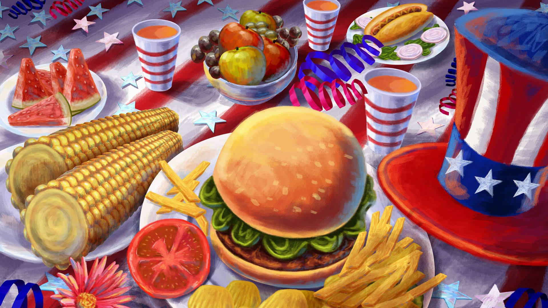 4th Of July, American picnic table, burgers, Full HD Desktop Wallpaper