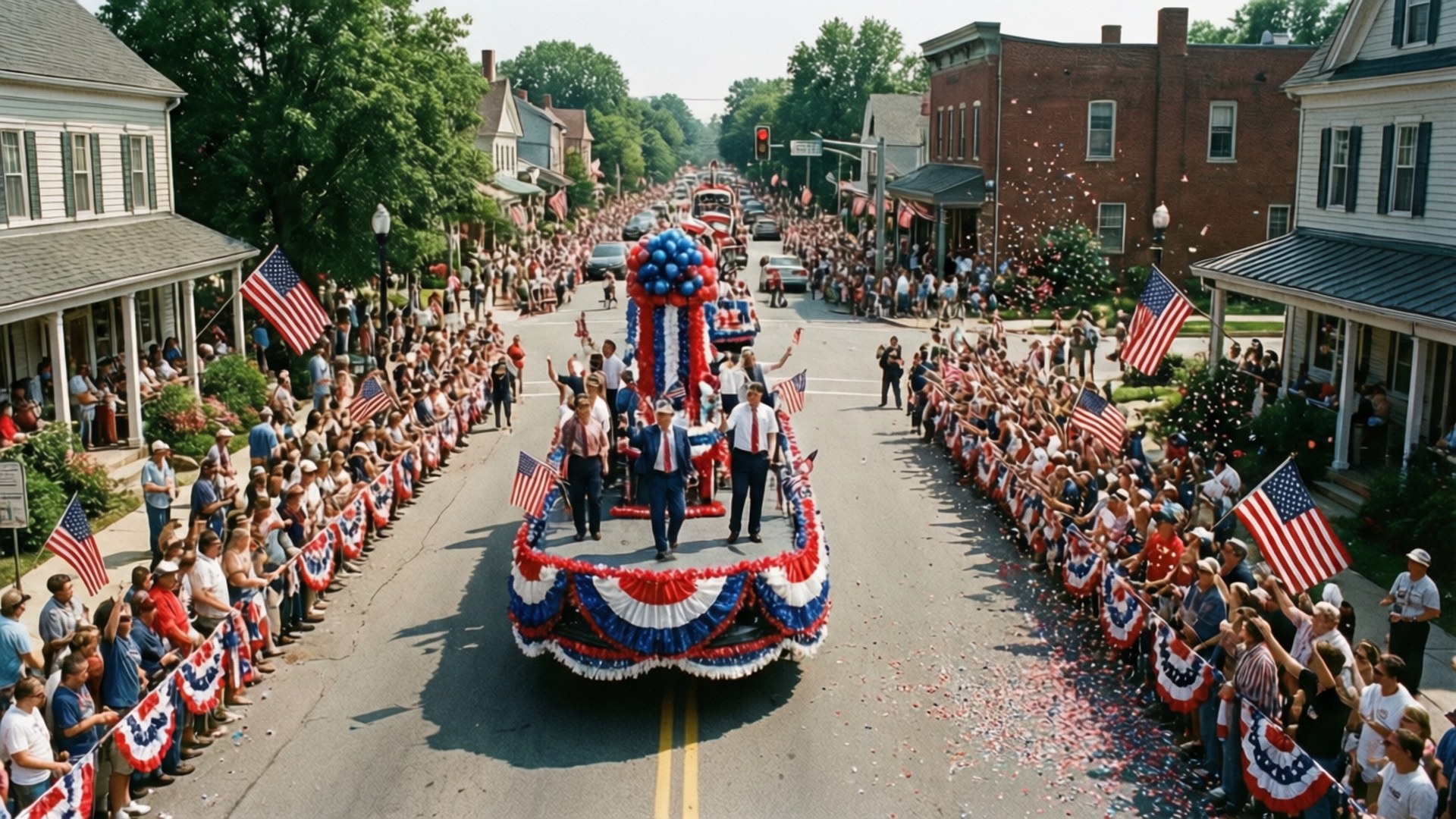 Small Town Parade, American parade, sunlit street, Full HD Desktop Wallpaper