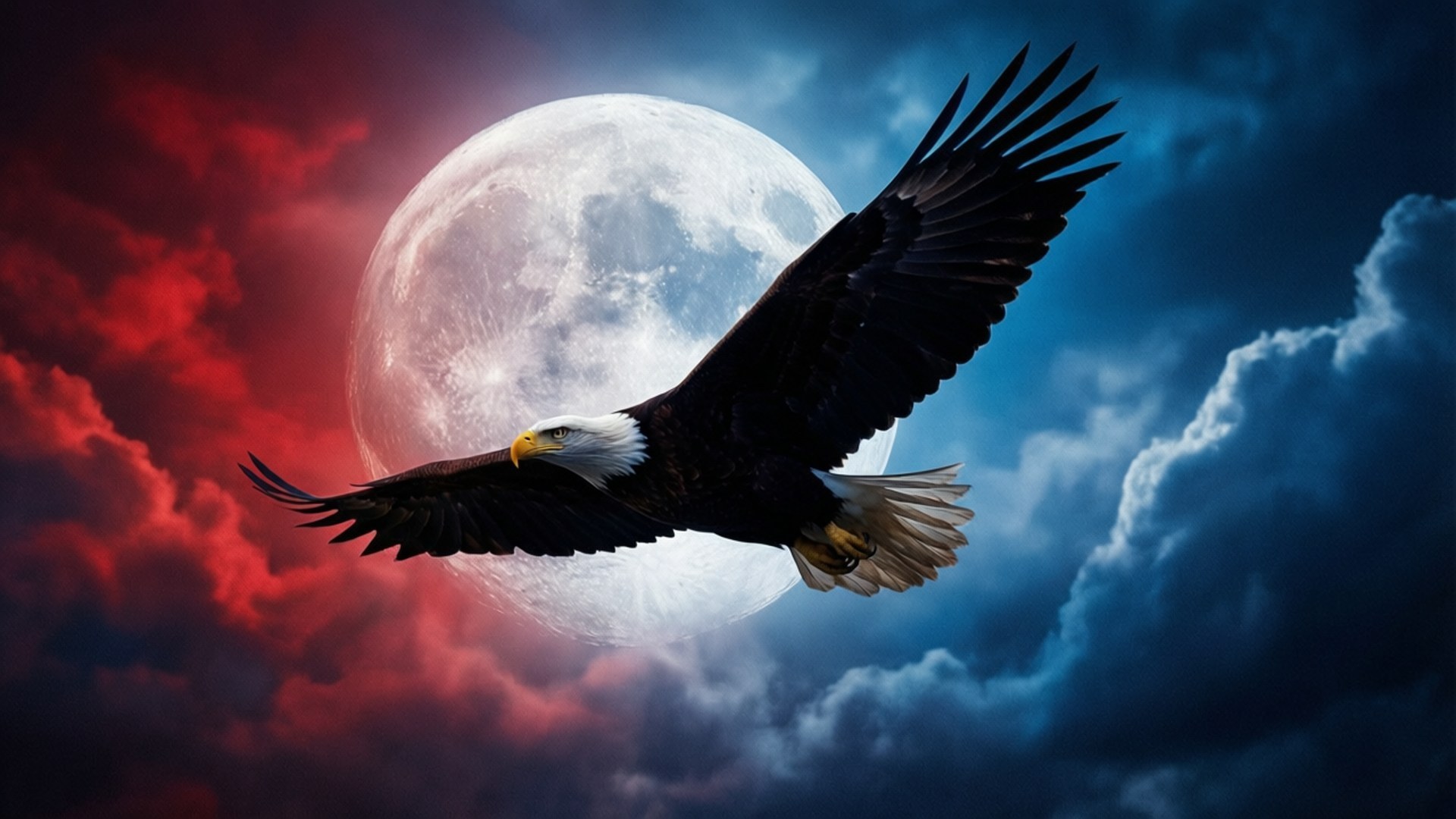 bald eagle, full moon, red and blue clouds, Full HD Desktop Wallpaper