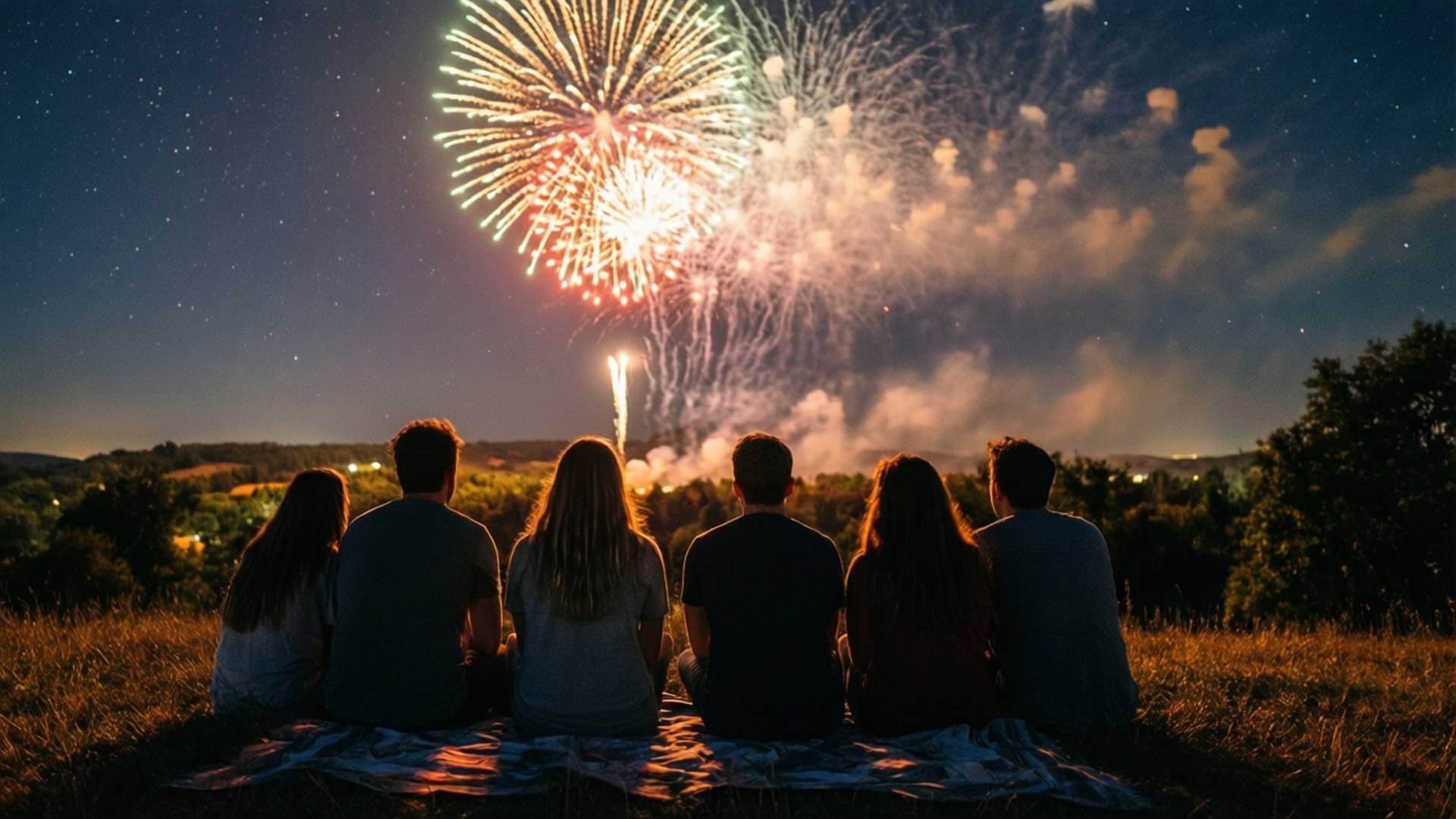 fireworks, starry night sky, grassy hill, Full HD Desktop Wallpaper