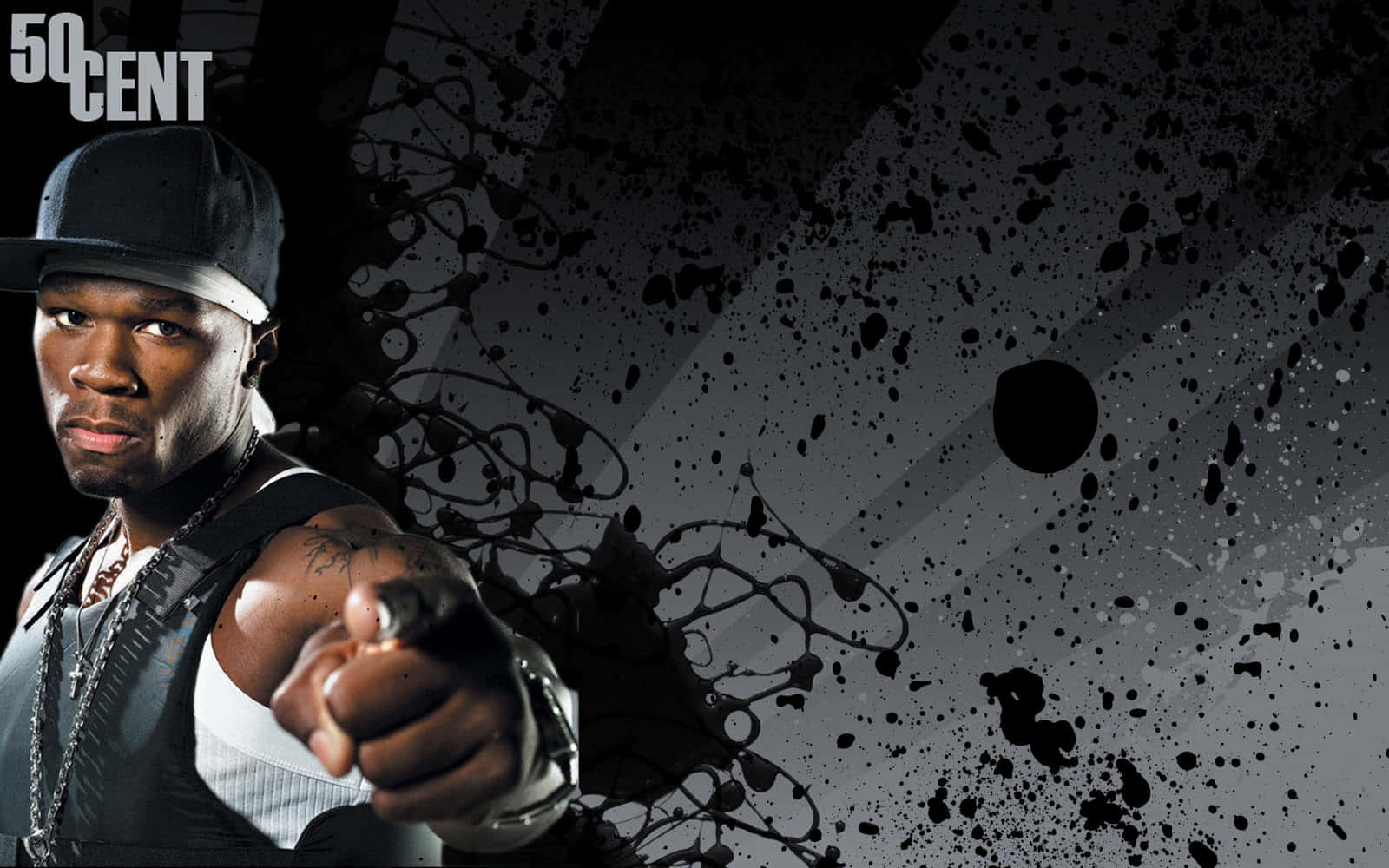 50 Cent, black and gray splatter background, top left, HD Desktop Wallpaper