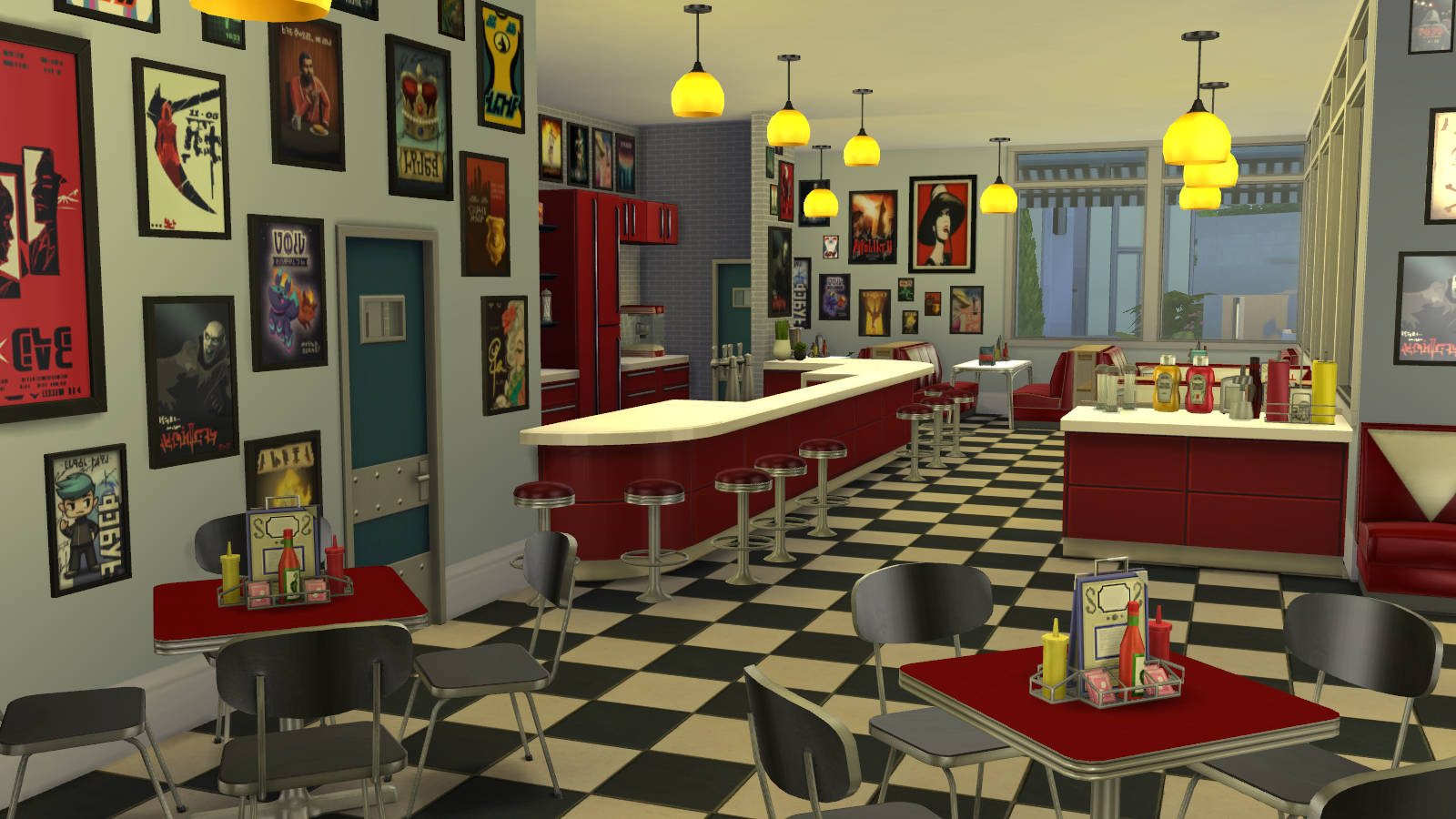 50s Diner, red booths, black-and-white checkered floors, HD Desktop Wallpaper