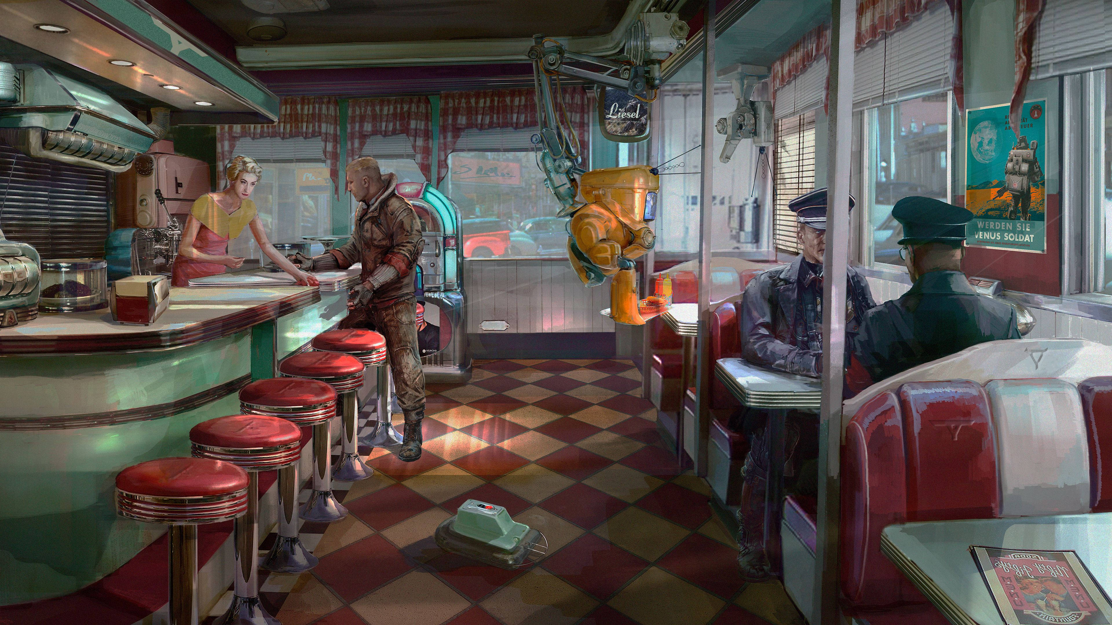 50s Diner, chrome accents, red booths, 4K Desktop Wallpaper