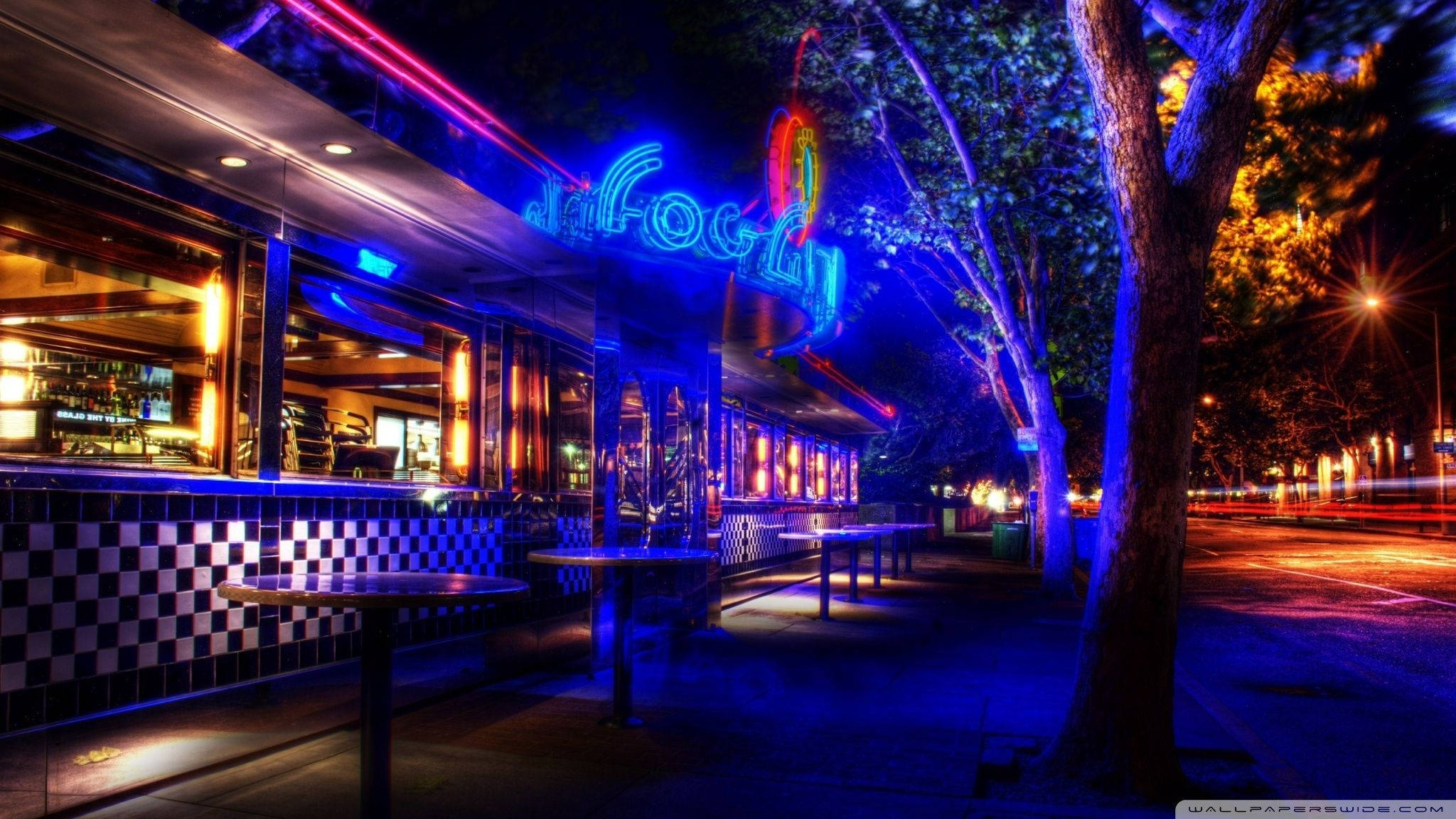 50s Diner, neon-lit, blue and pink lights, Full HD Desktop Wallpaper