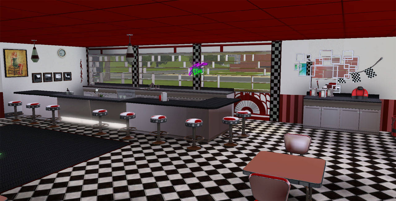 50s Diner, black and white checkered floors, red ceiling, HD Desktop Wallpaper