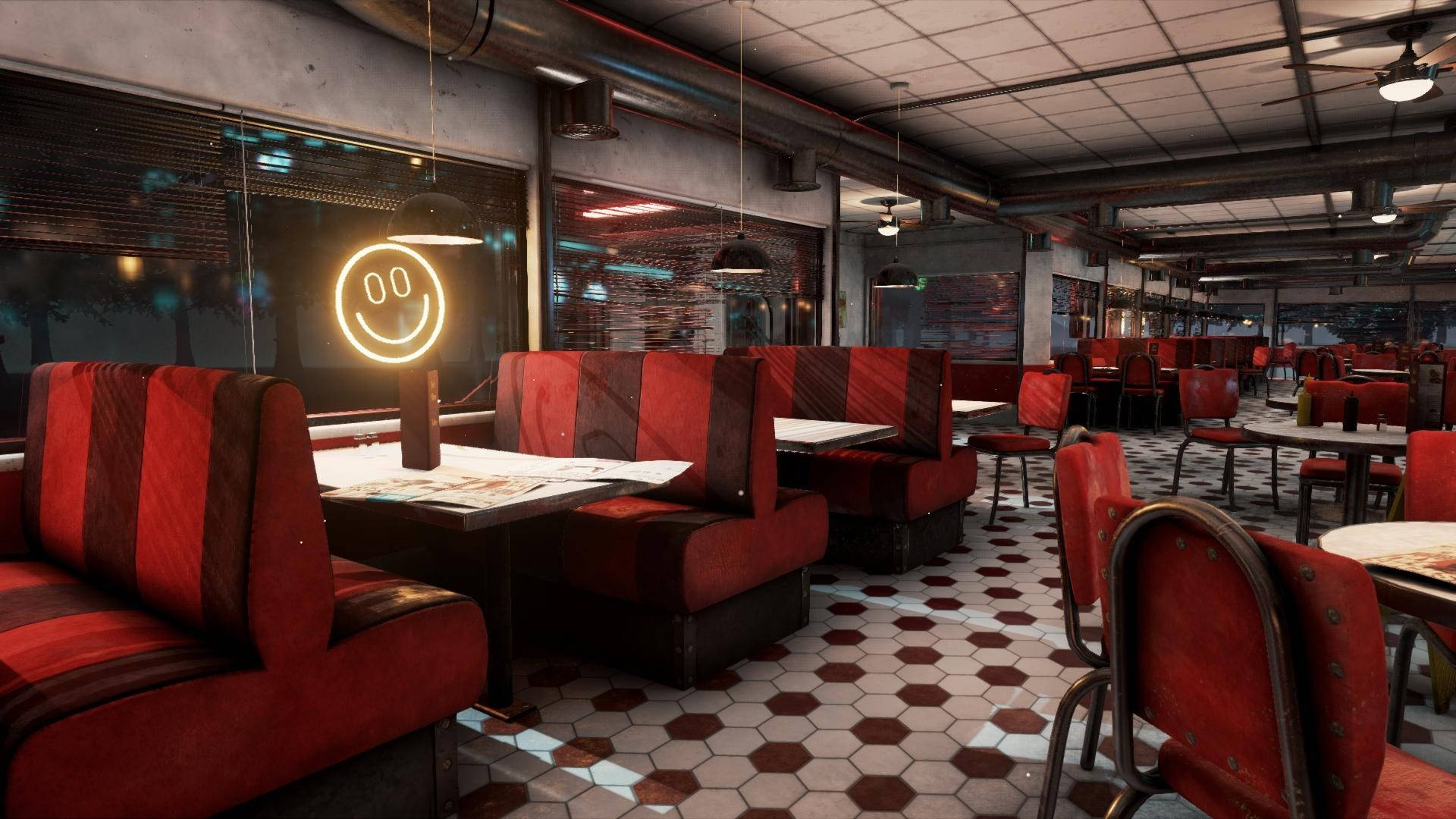 50s Diner, red booths, hexagonal tile floor, Full HD Desktop Wallpaper