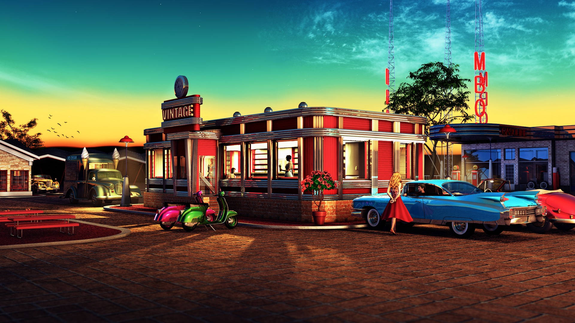50s Diner, sunset, vintage cars, Full HD Desktop Wallpaper