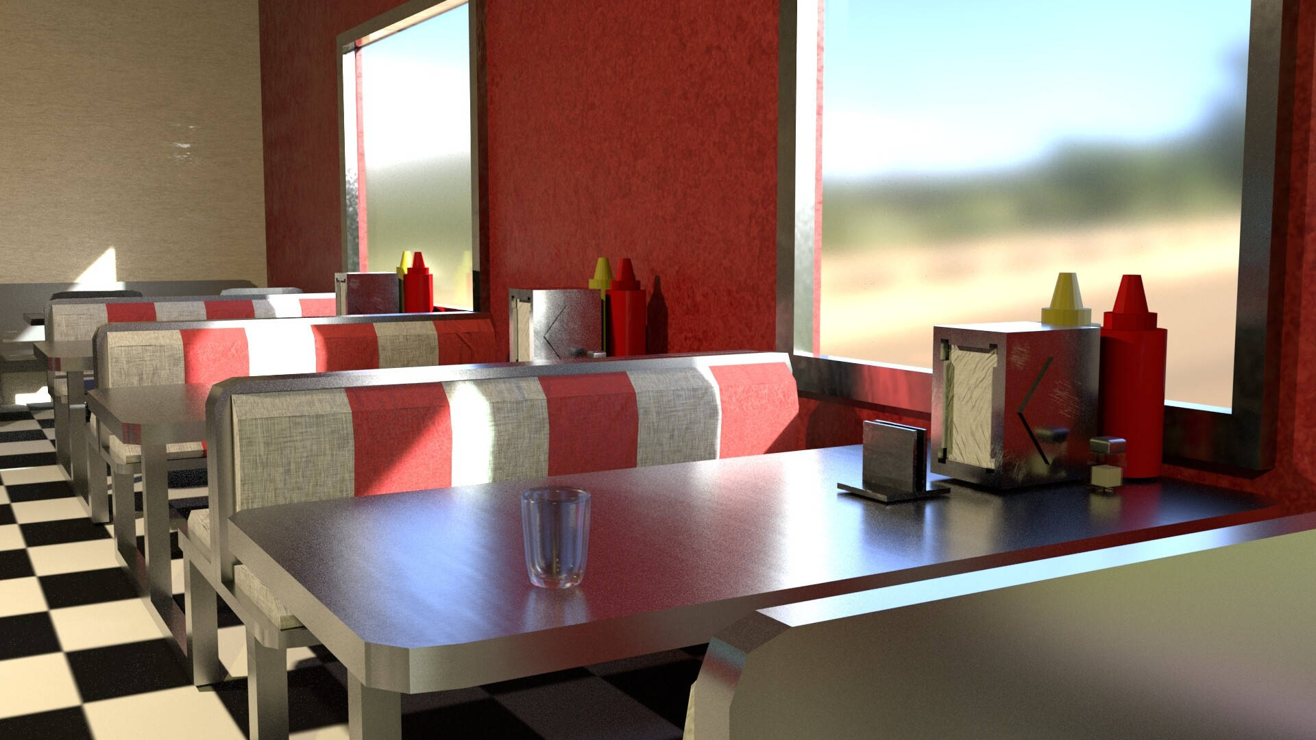 stainless table, 50s Diner, red walls, Full HD Desktop Wallpaper