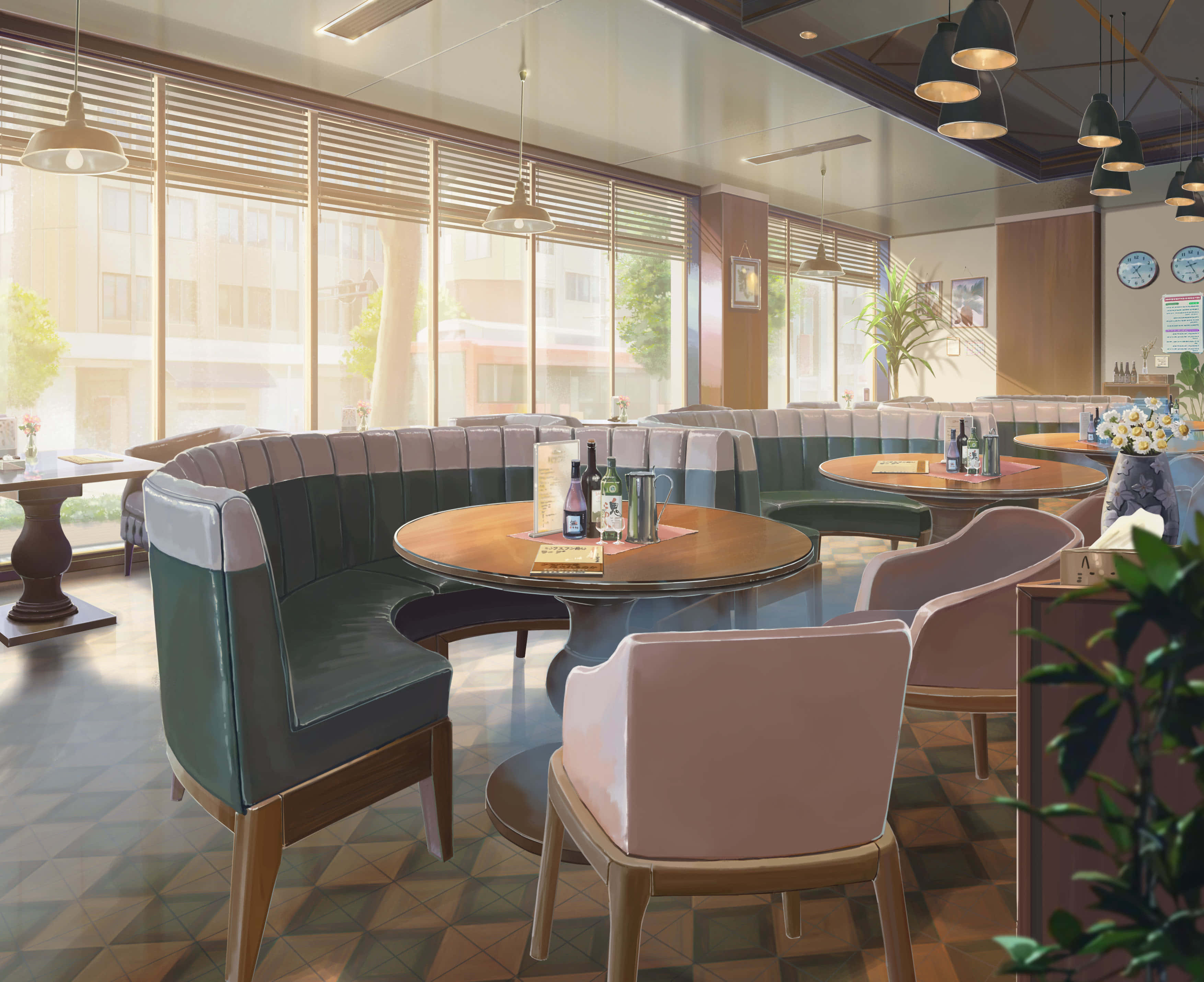 Sunny Diner, retro-style café, curved green booths, 2K Desktop Wallpaper