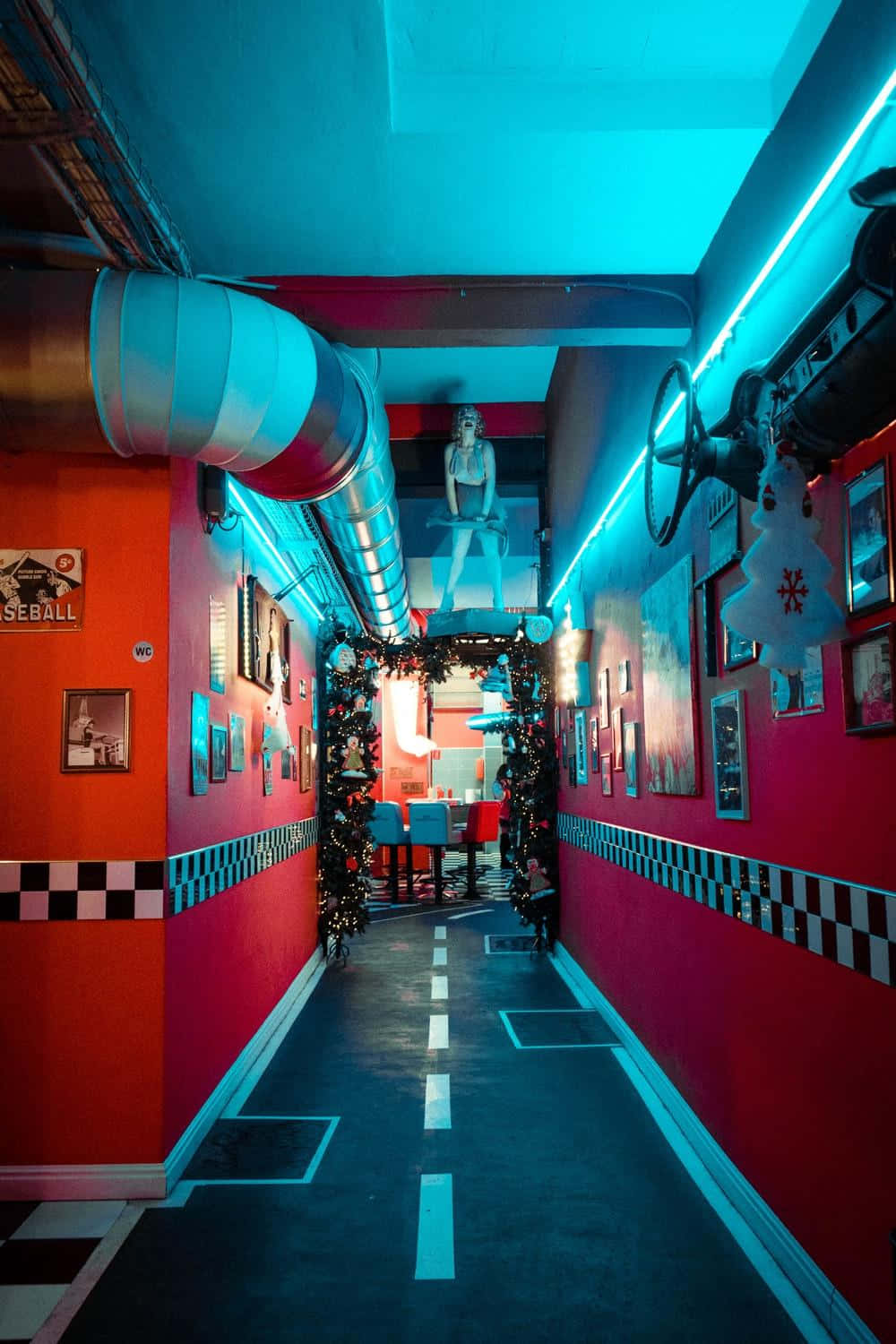 neon-lit hallway, red walls, blue lighting, HD Phone Wallpaper