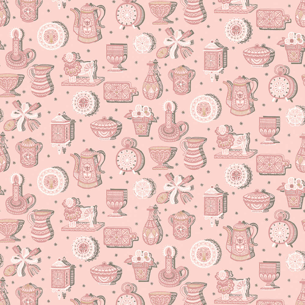 50s Fashion Nostalgia, vintage pink, repeating ornate teapots, SD Desktop Wallpaper