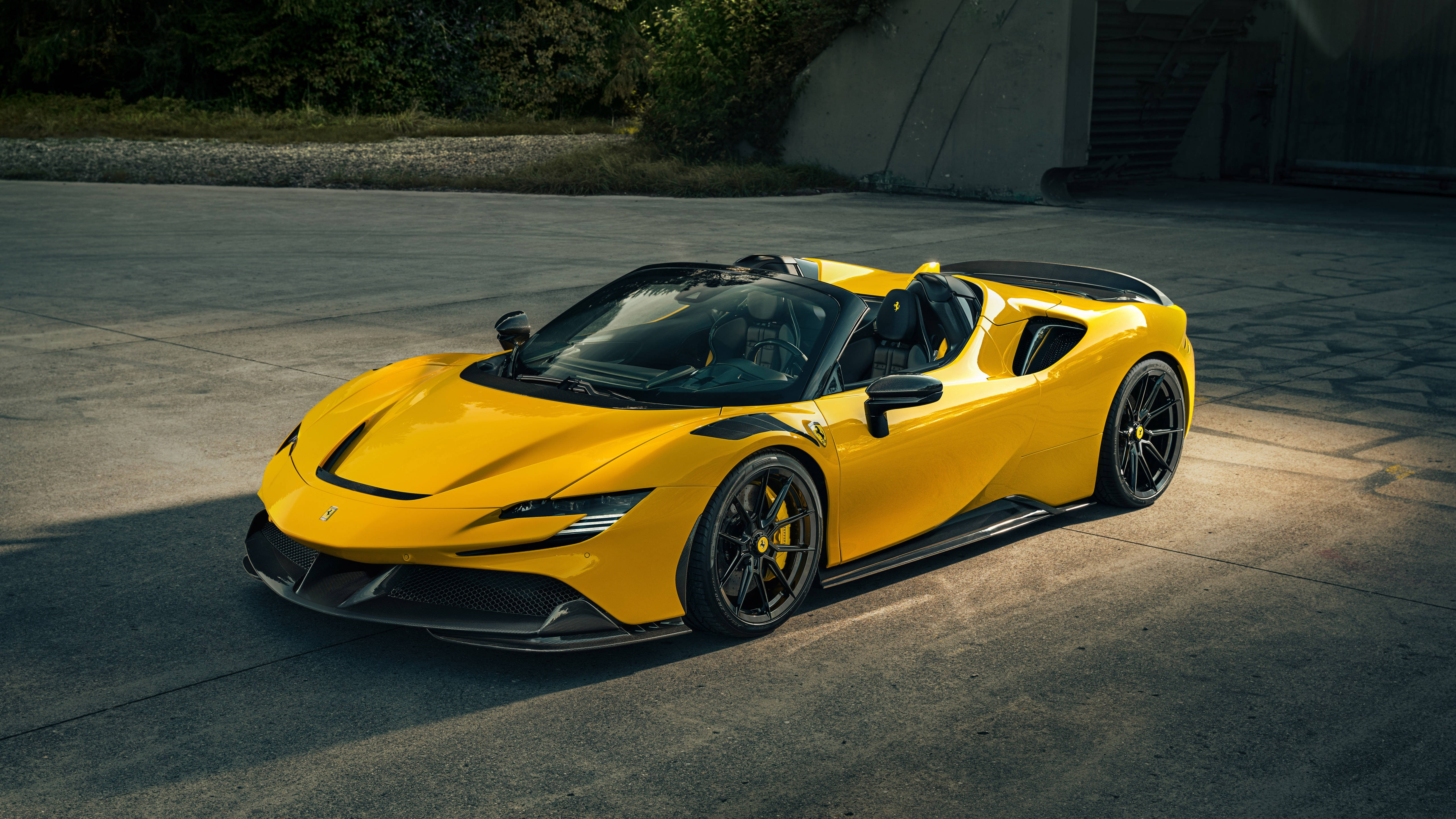 yellow Ferrari SF90 Spider, golden sunlight, concrete driveway, 5K Desktop Wallpaper