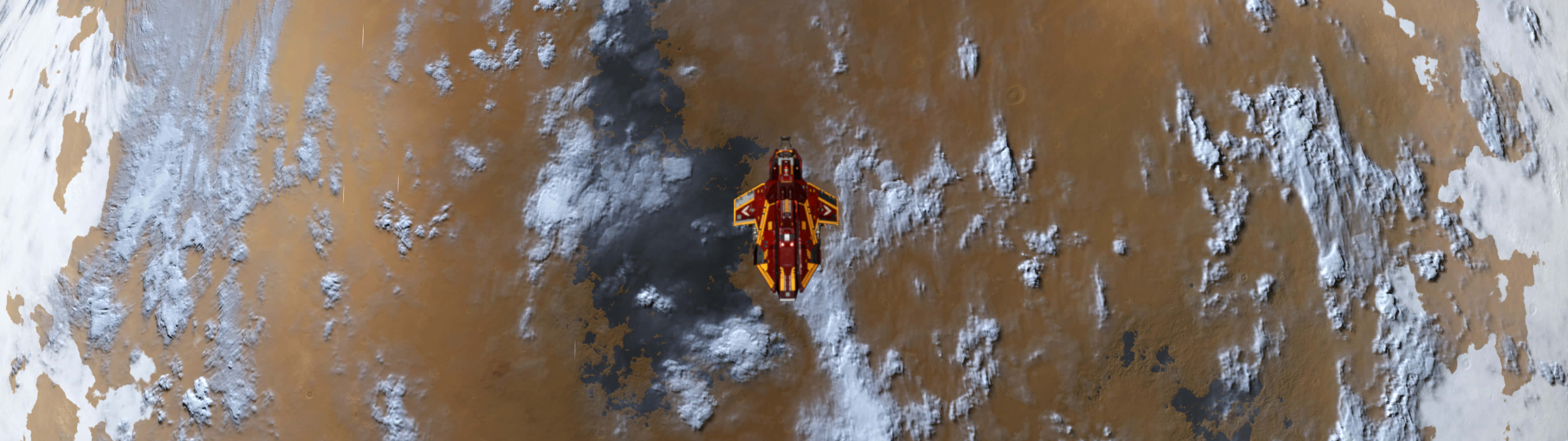 5120x1440 dual screen, fiery orange spaceship, rust-colored planet, 5K Desktop Wallpaper