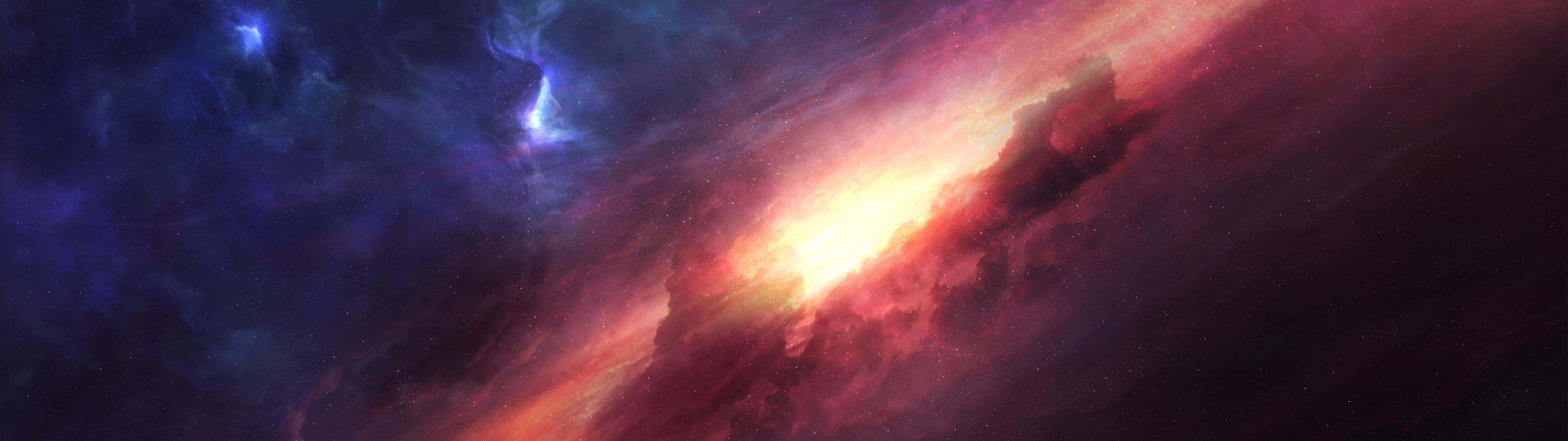 5120x1440 dual screen, cosmic nebula, vibrant reds, 5K Desktop Wallpaper