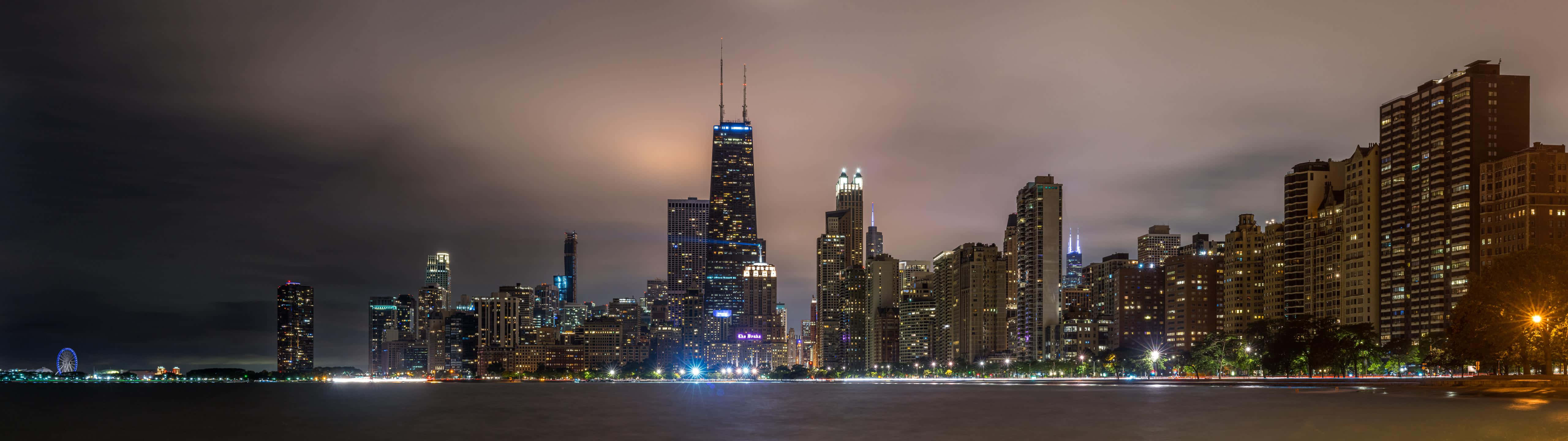 5120x1440 Dual Screen, city skyline, illuminated skyscrapers, 5K Desktop Wallpaper