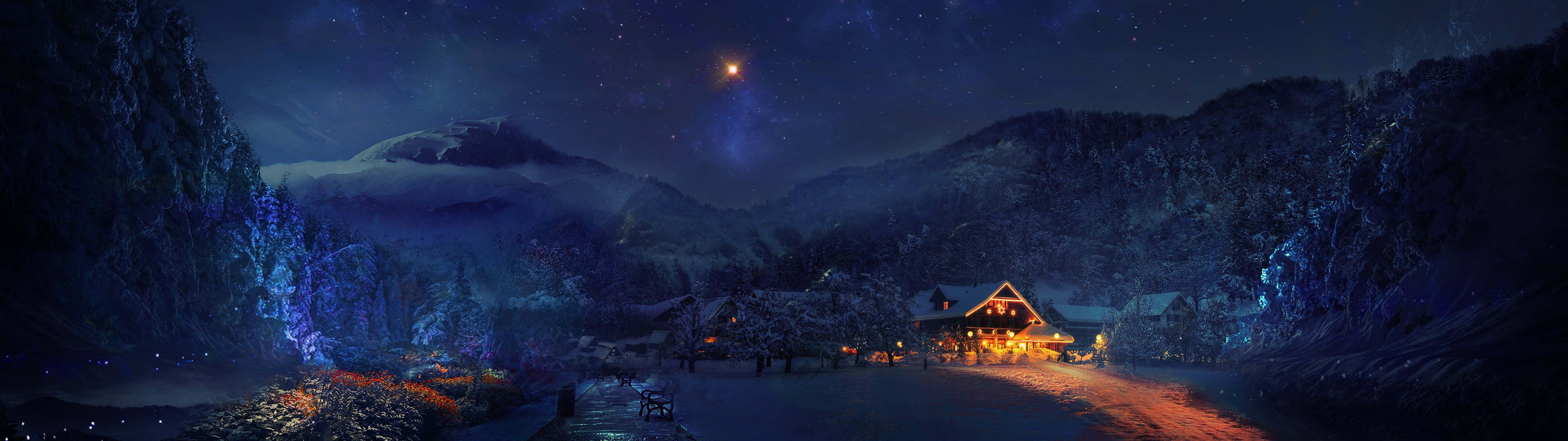5120x1440 dual screen, starry night sky, snow-covered mountains, 5K Desktop Wallpaper