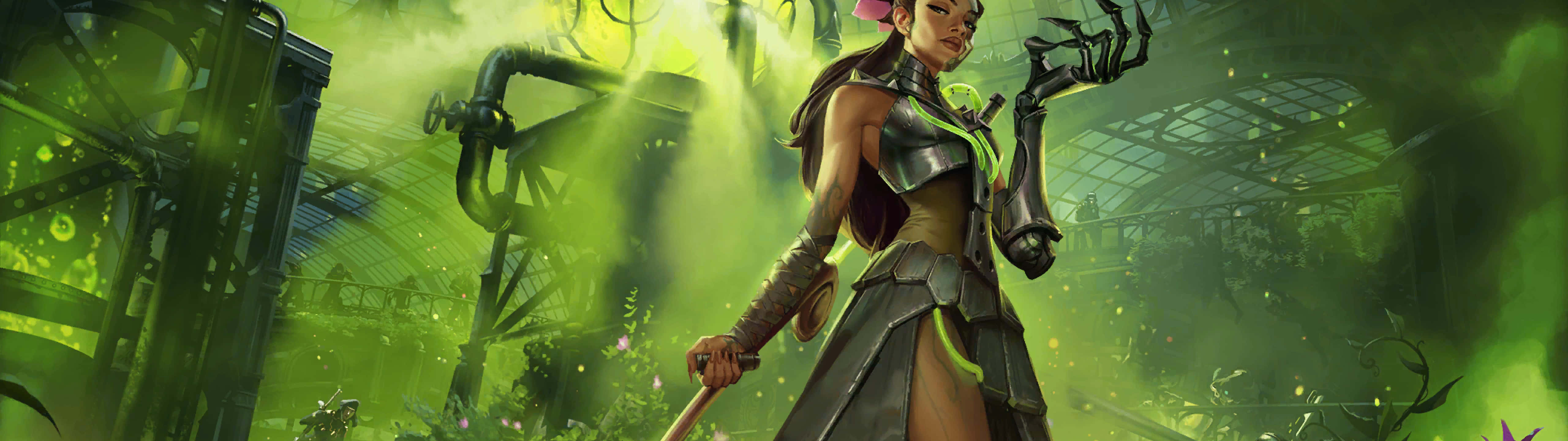 5120x1440 dual screen, glowing green accents, misty industrial jungle, 5K Desktop Wallpaper