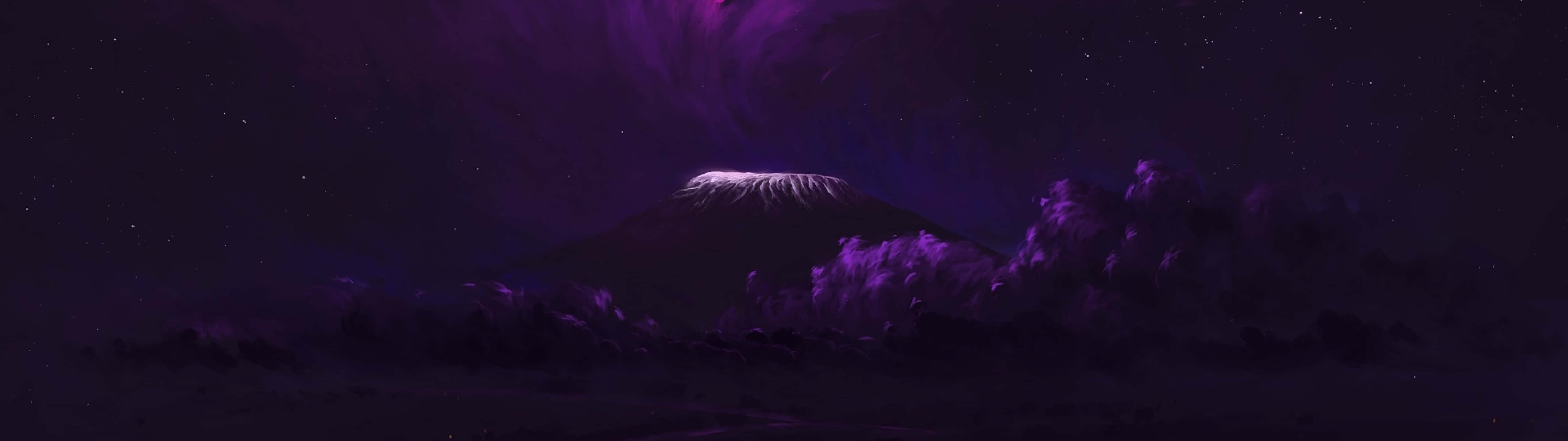 5120x1440 dual screen, snow-capped mountain peak, swirling purple aurora, 5K Desktop Wallpaper