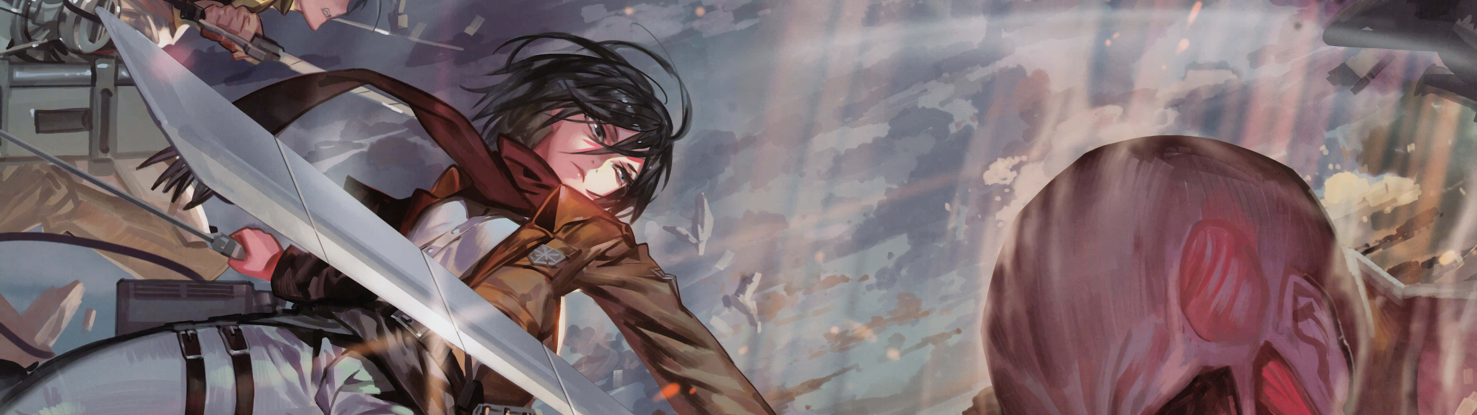 5120x1440 dual screen, anime warrior, giant humanoid titan, 5K Desktop Wallpaper