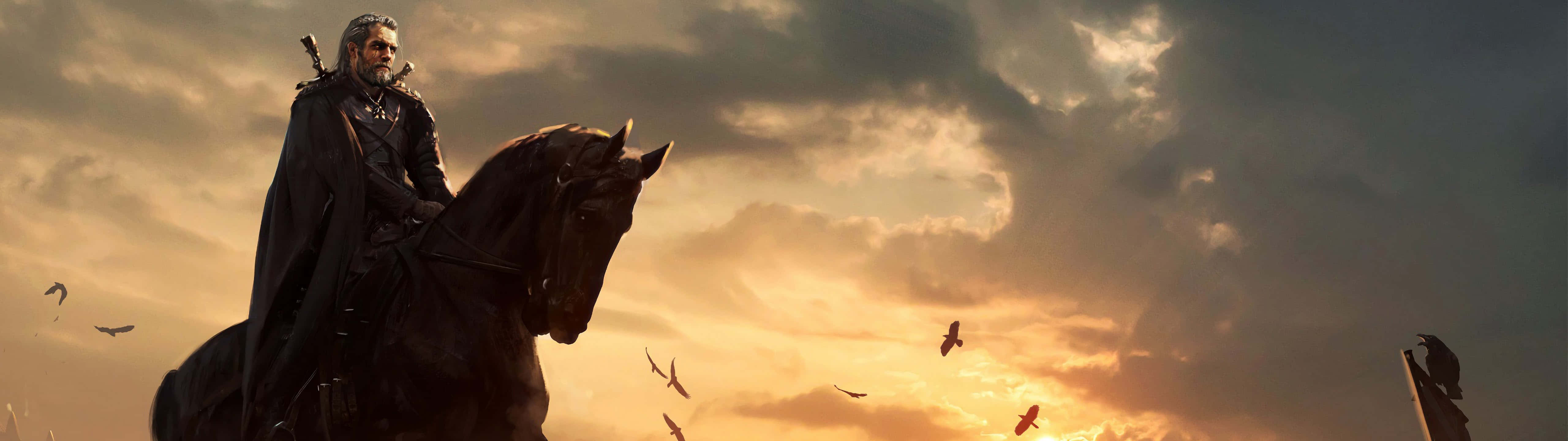 5120x1440 dual screen, dark horse, dramatic sunset sky, 5K Desktop Wallpaper