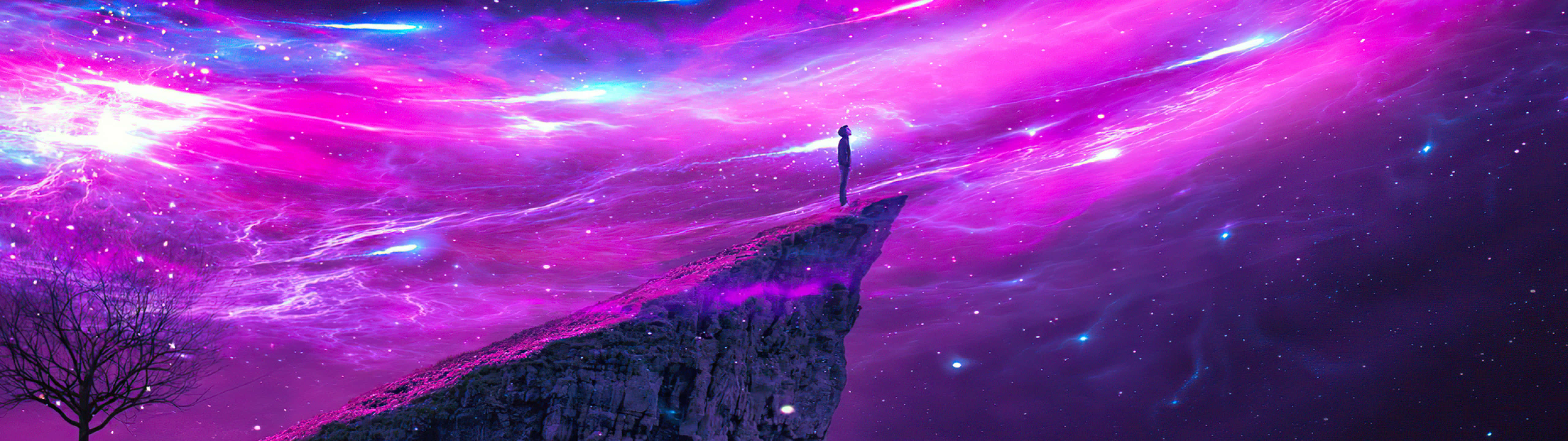 5120x1440 dual screen, cliff, swirling cosmic sky, 5K Desktop Wallpaper