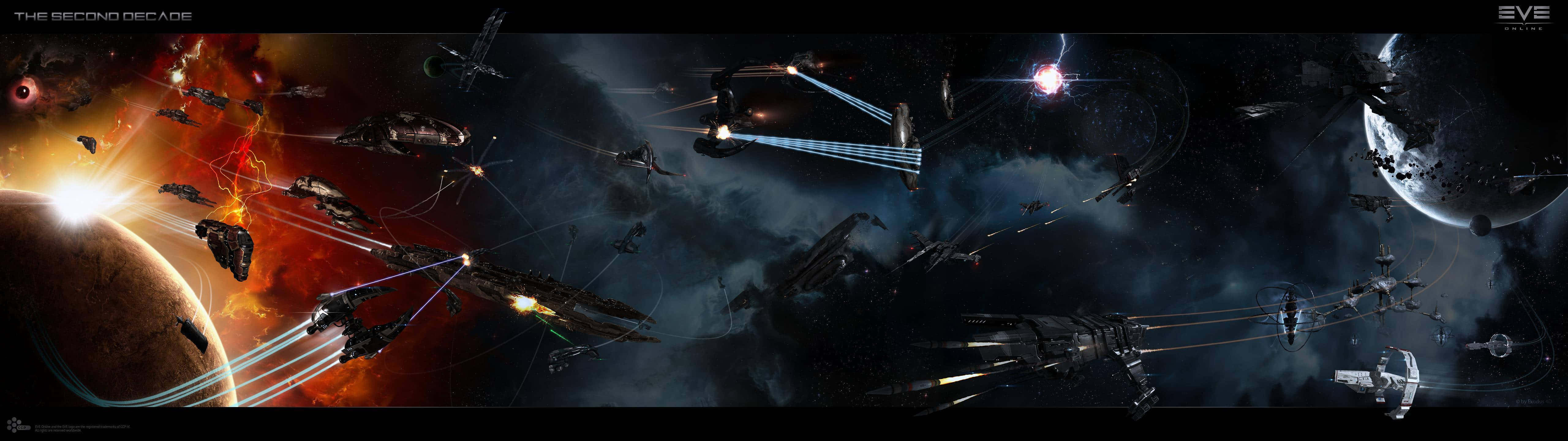 5120x1440 dual screen, space battle, glowing laser beams, 5K Desktop Wallpaper