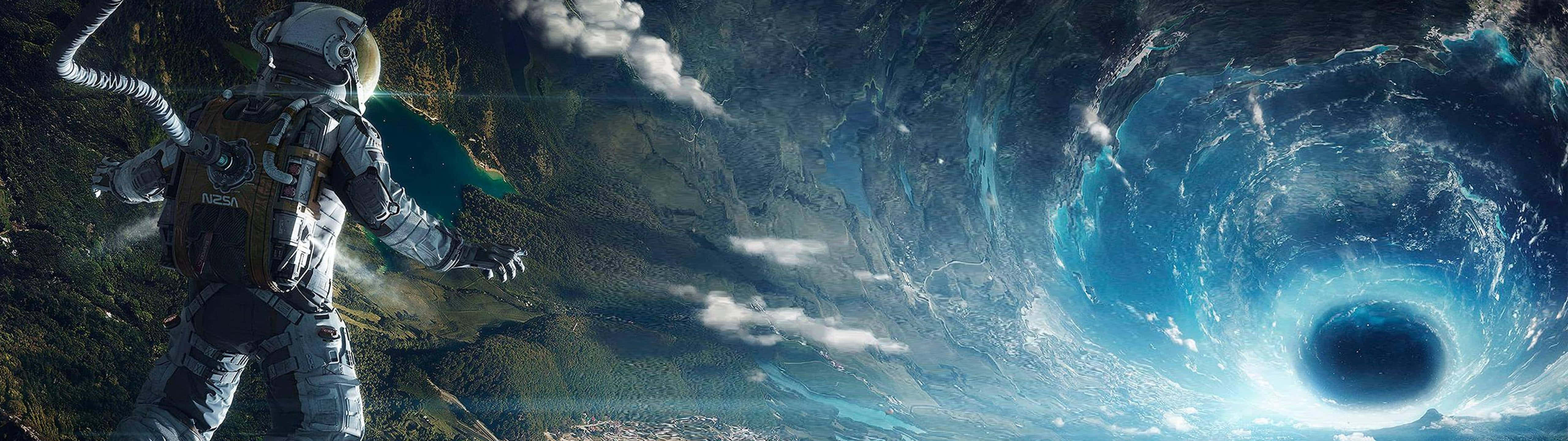 5120x1440 dual screen, astronaut, Earth, 5K Desktop Wallpaper