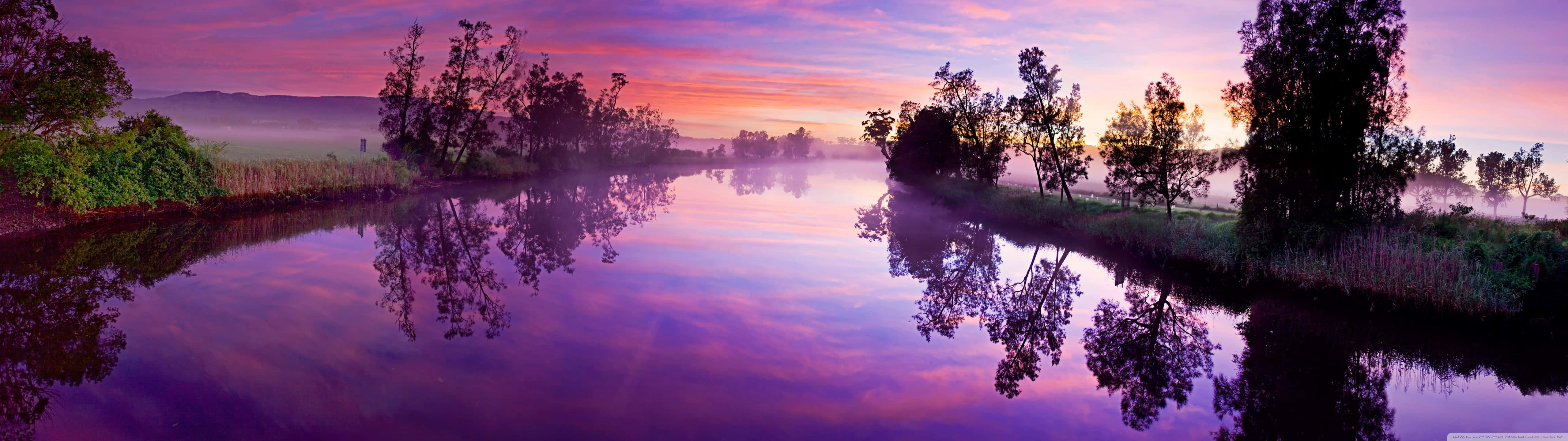 5120x1440 dual screen, misty dawn, calm river, 5K Desktop Wallpaper