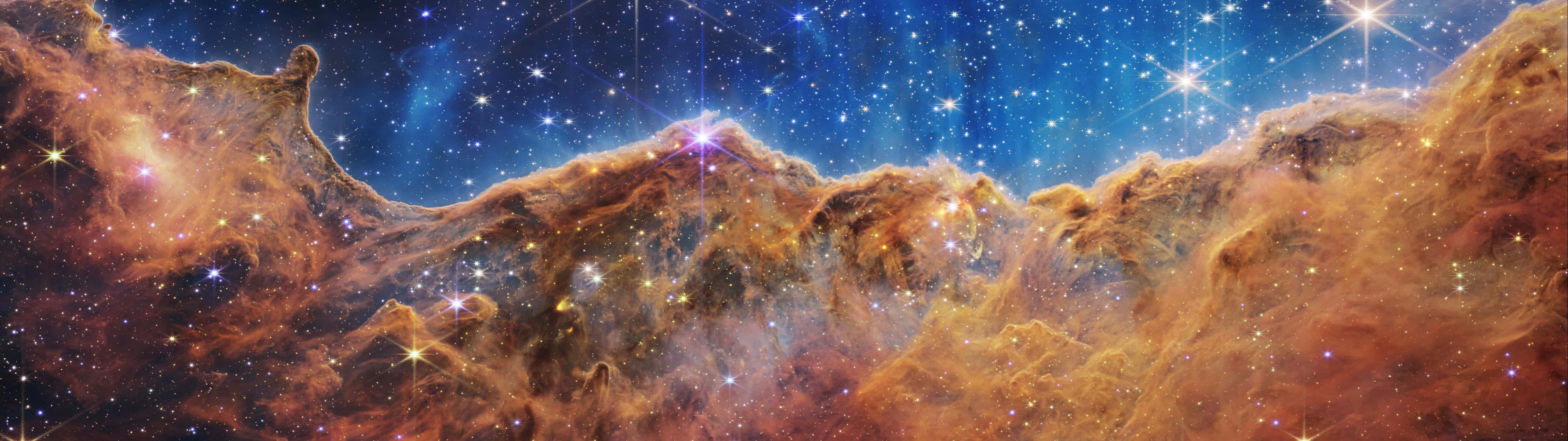 5120x1440 dual screen, cosmic nebula, glowing orange clouds, 5K Desktop Wallpaper