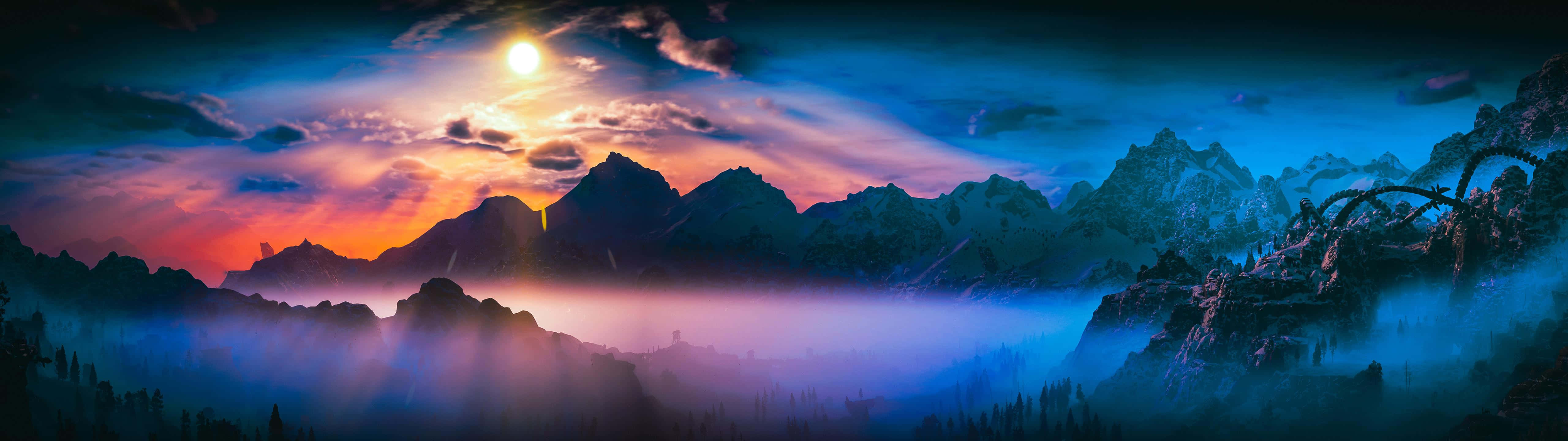 5120x1440 dual screen, mountain range, twilight hues, 5K Desktop Wallpaper