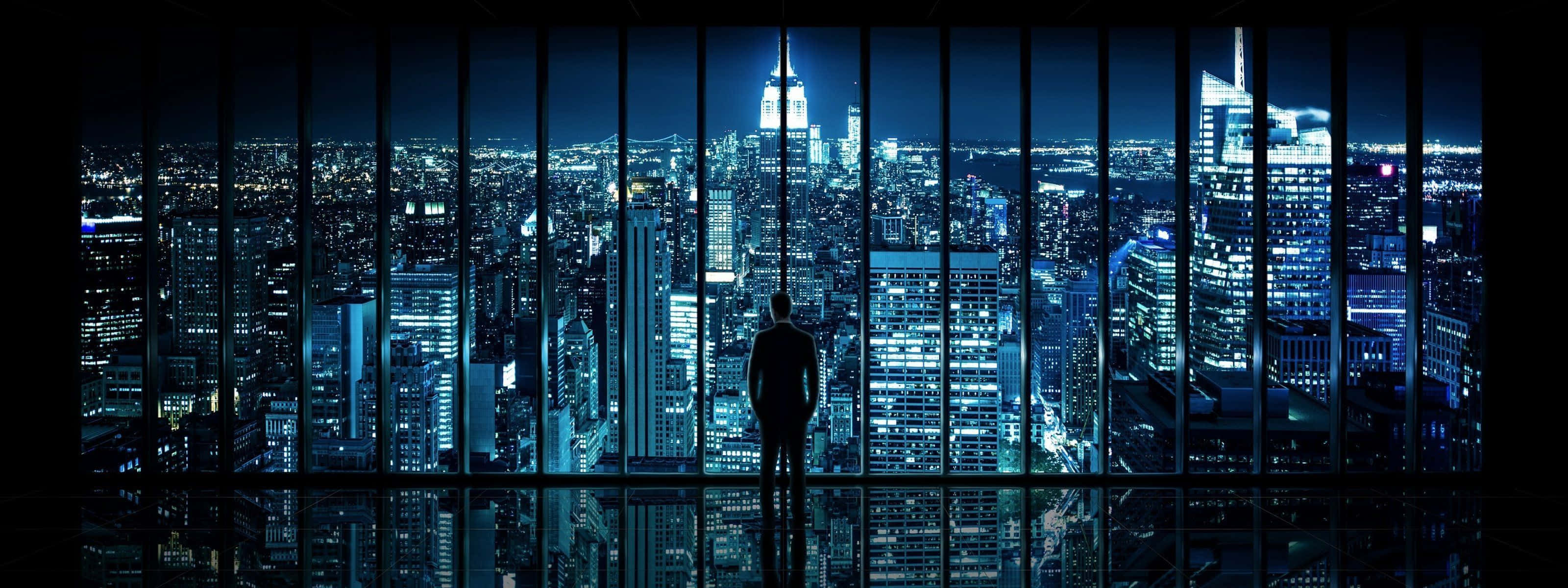 Ultra HD Dual Monitor Display, glass wall, cityscape, 2K Desktop Wallpaper