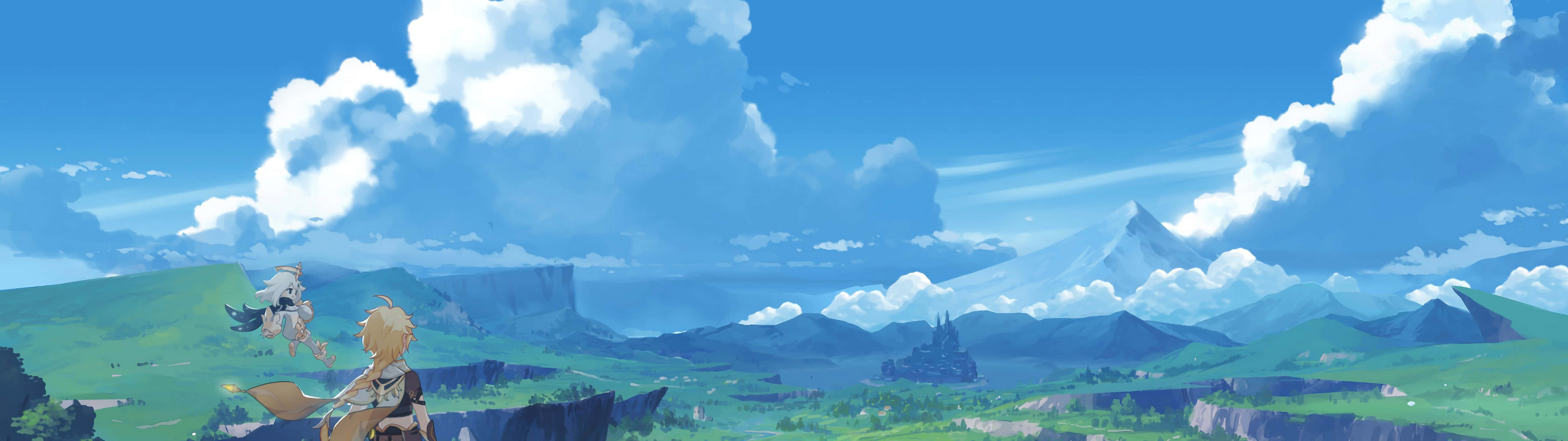 5120x1440 dual screen, green valley, bright blue sky, 5K Desktop Wallpaper