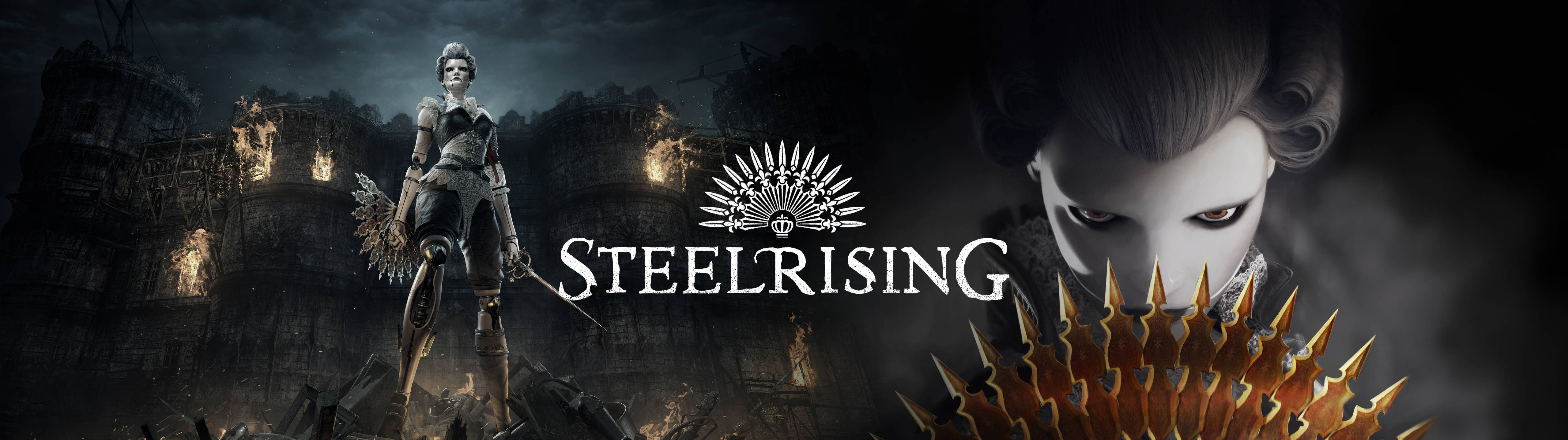 2022 Steelrising, dark fantasy warrior, burning ruined city, 5K Desktop Wallpaper