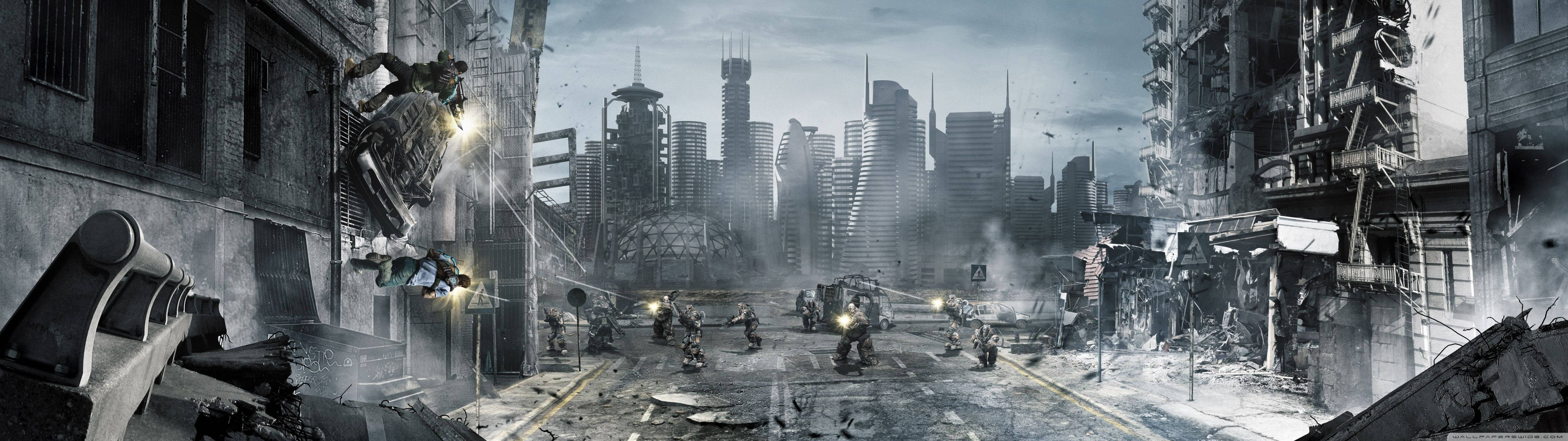 5120x1440, post-apocalyptic cityscape, crumbling skyscrapers, 5K Desktop Wallpaper